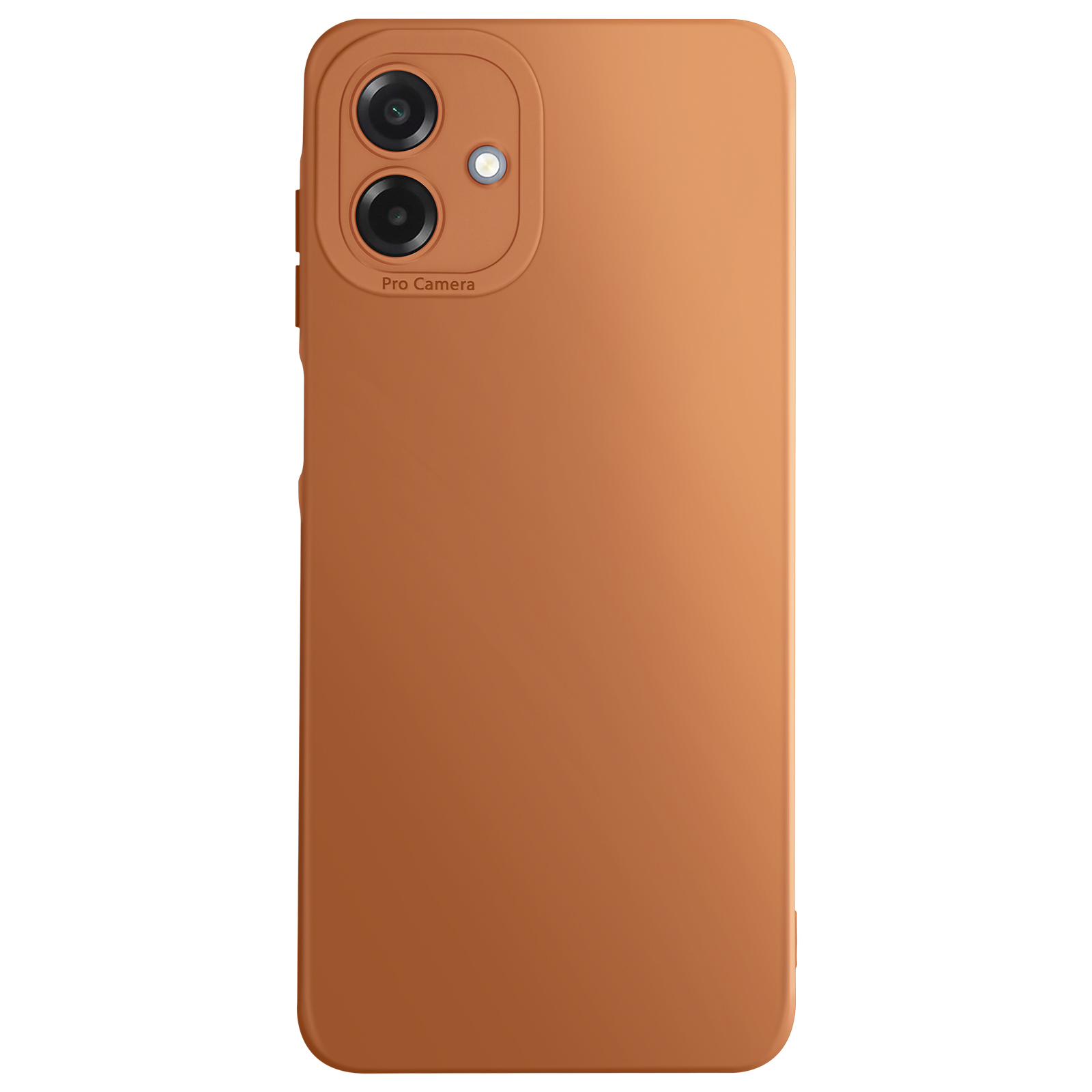 Een oranje telefoonhoesje met twee cameralenzen en een flits. Op de hoes staat 'Pro Camera'.
