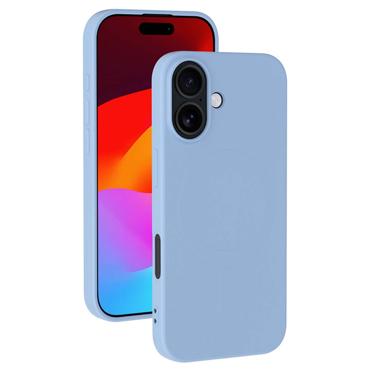 Una custodia per telefono blu chiaro accanto a un telefono che mostra uno sfondo colorato. La custodia ha un ritaglio per la fotocamera e un design circolare.