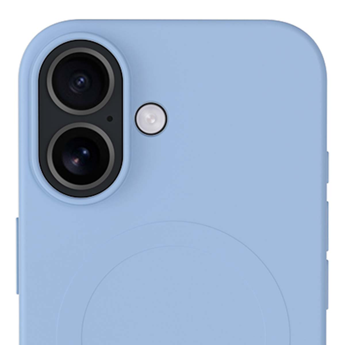 Primo piano di una custodia per telefono azzurra. Ha due obiettivi per fotocamera e un flash. Il design presenta un'area magnetica circolare.