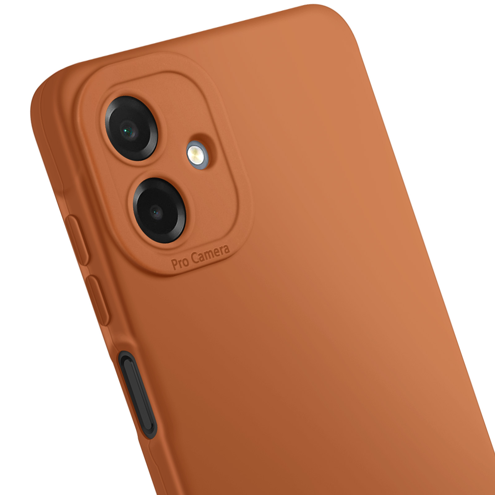 Close-up van een bruine telefoonhoes met twee cameralenzen. De woorden "Pro Camera" zijn zichtbaar.