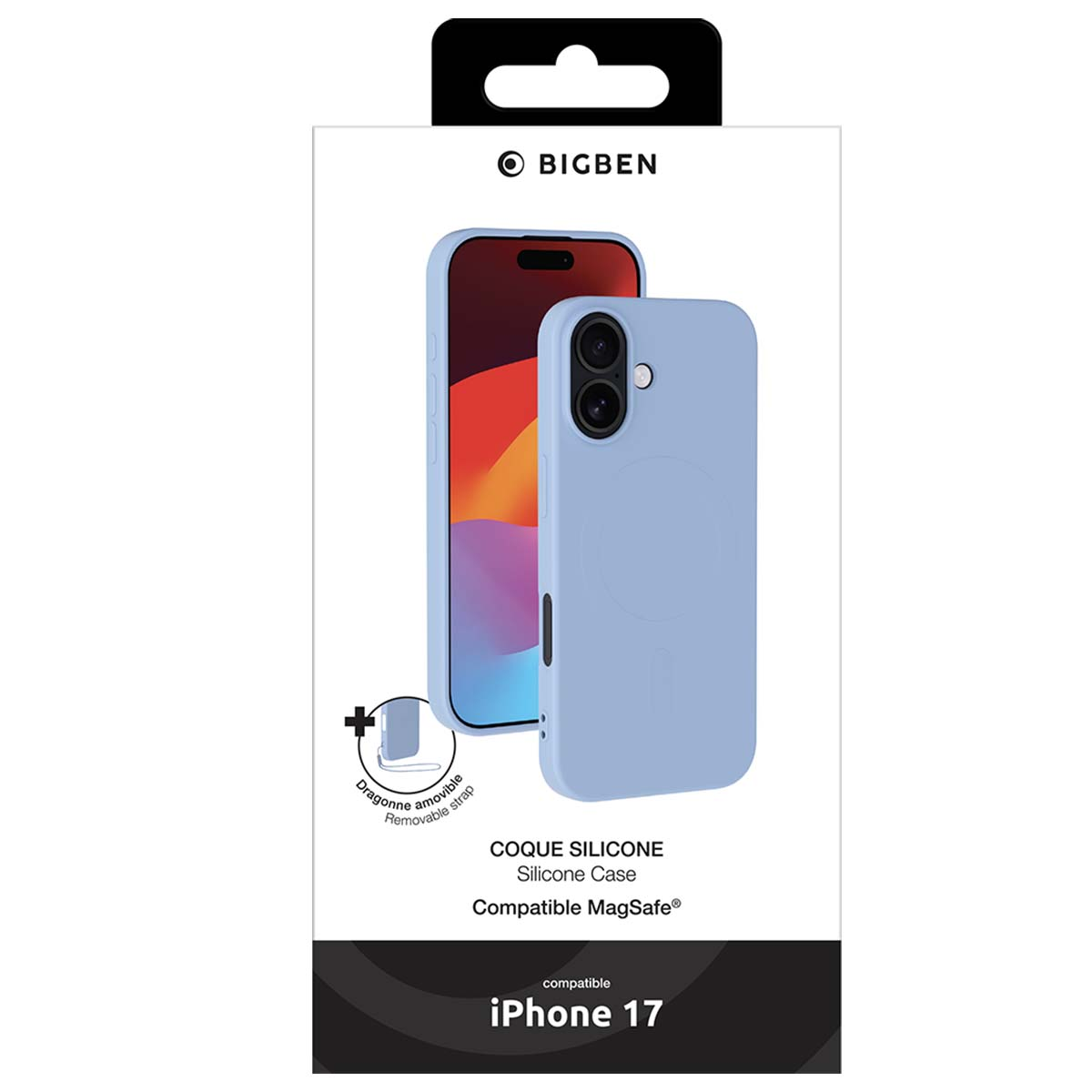 Una custodia per iPhone 17 in una scatola. La custodia è azzurra, con il telefono visibile. Il testo include 'BIGBEN' e 'Custodia in silicone'.