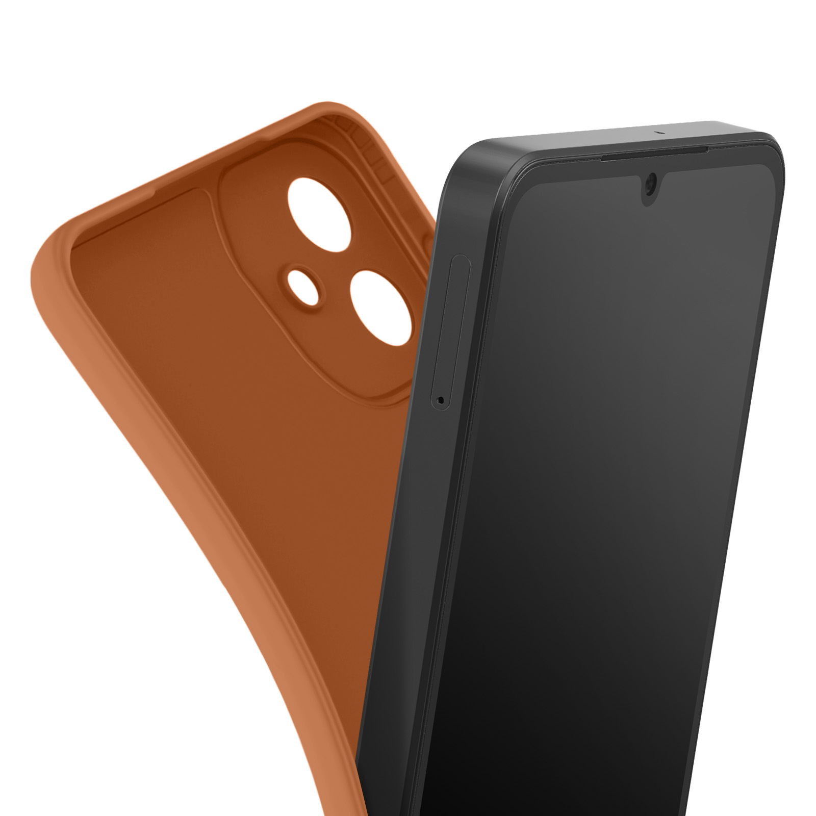 Een zwarte smartphone met hoesje. Het bruine hoesje ligt naast de telefoon, met zichtbare cameragaten.