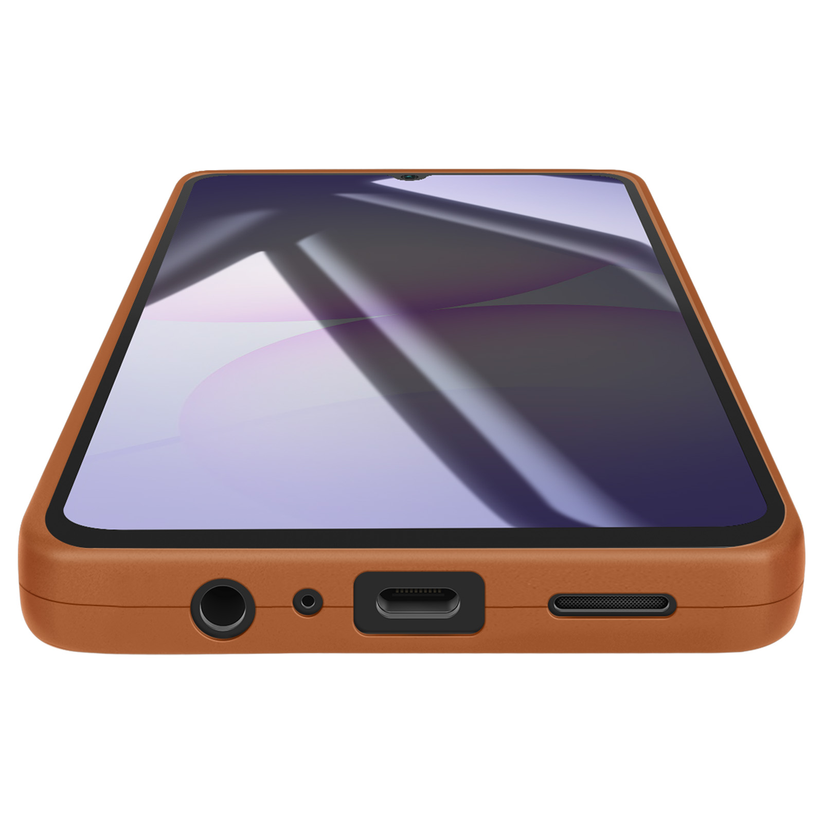 Een bruine telefoonhoes met een telefoon erin wordt in een hoek getoond. Het scherm is zichtbaar met paarse en witte tinten.