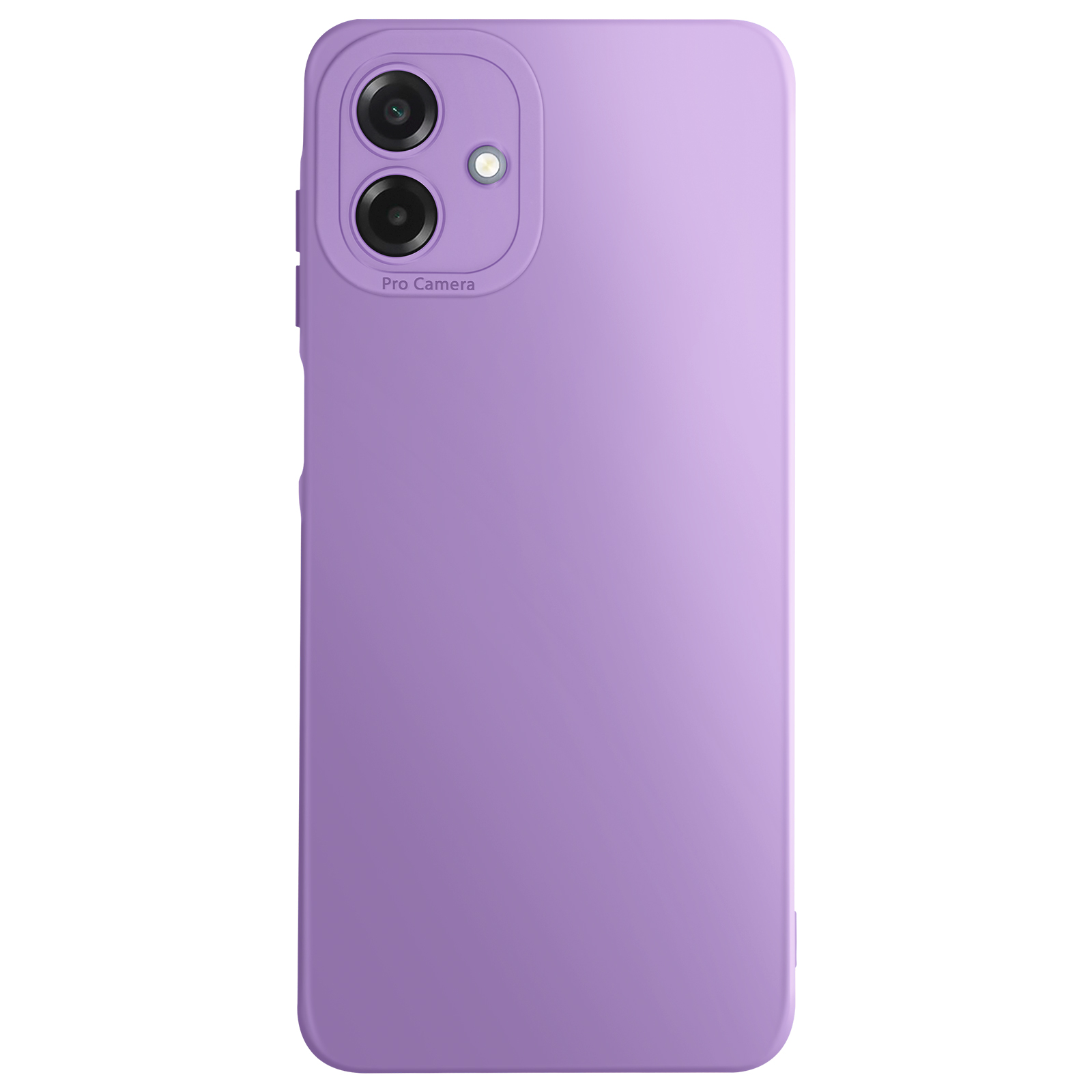 Gros plan sur une coque de téléphone violette avec deux objectifs d'appareil photo, un flash et les mots "Pro Camera".