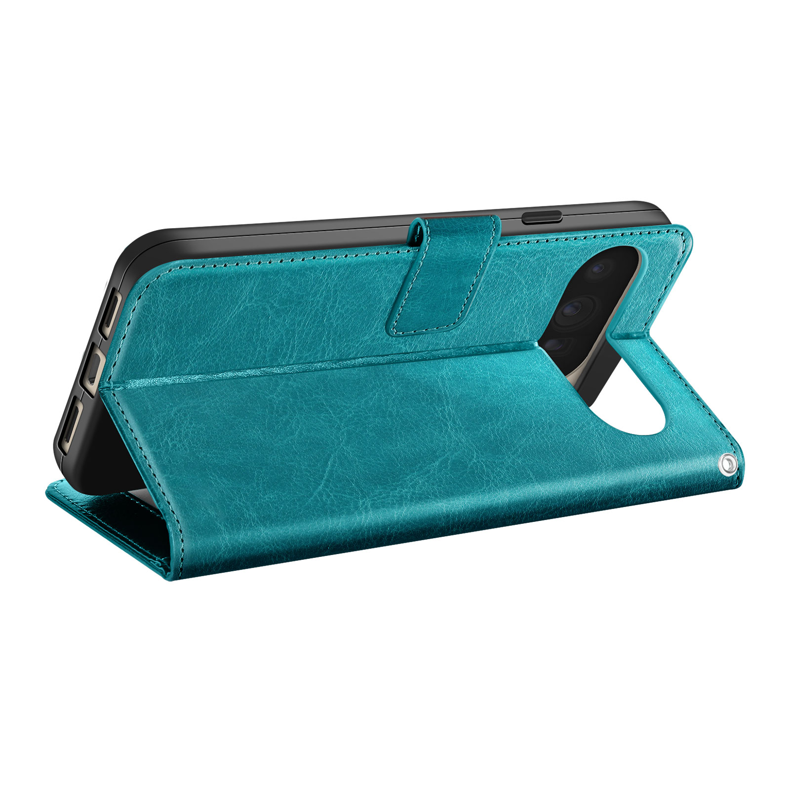 Una custodia per telefono in pelle color turchese è aperta, rivelando il retro del telefono. La custodia ha una chiusura magnetica.