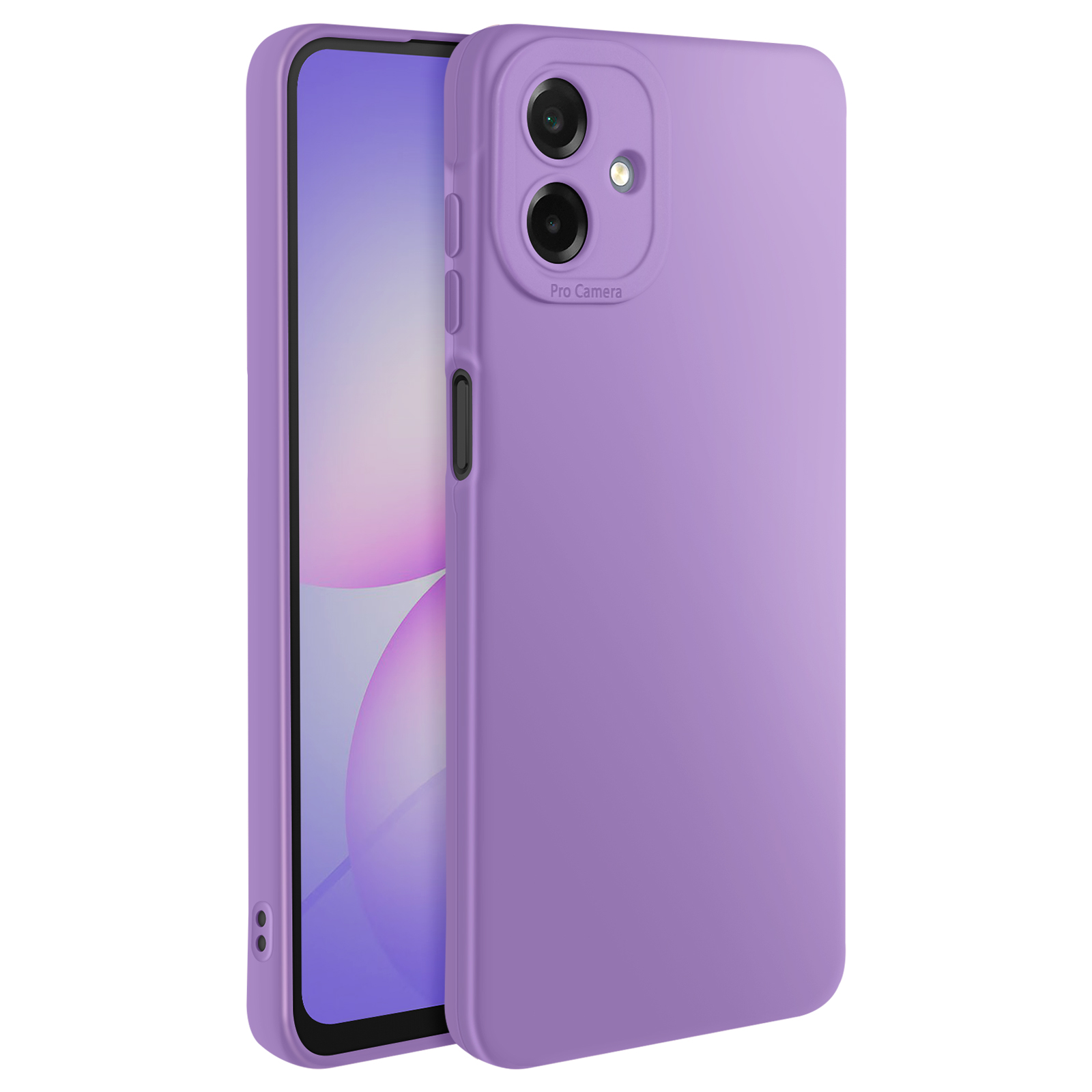 Un téléphone violet avec étui sur fond blanc. Le téléphone a un écran et une caméra.