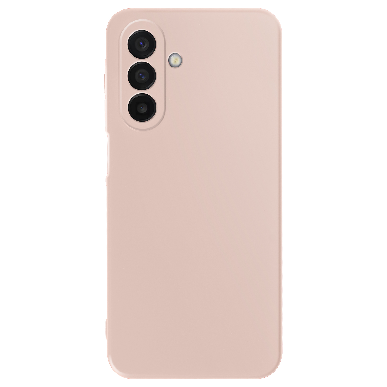 Close-up van een roze telefoonhoesje met drie cameralenzen en een flitser.