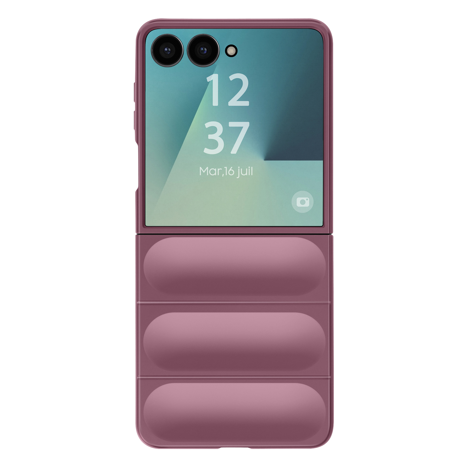Close-up van een opvouwbare telefoon in een roze hoesje, met tijd, datum en cameralenzen.