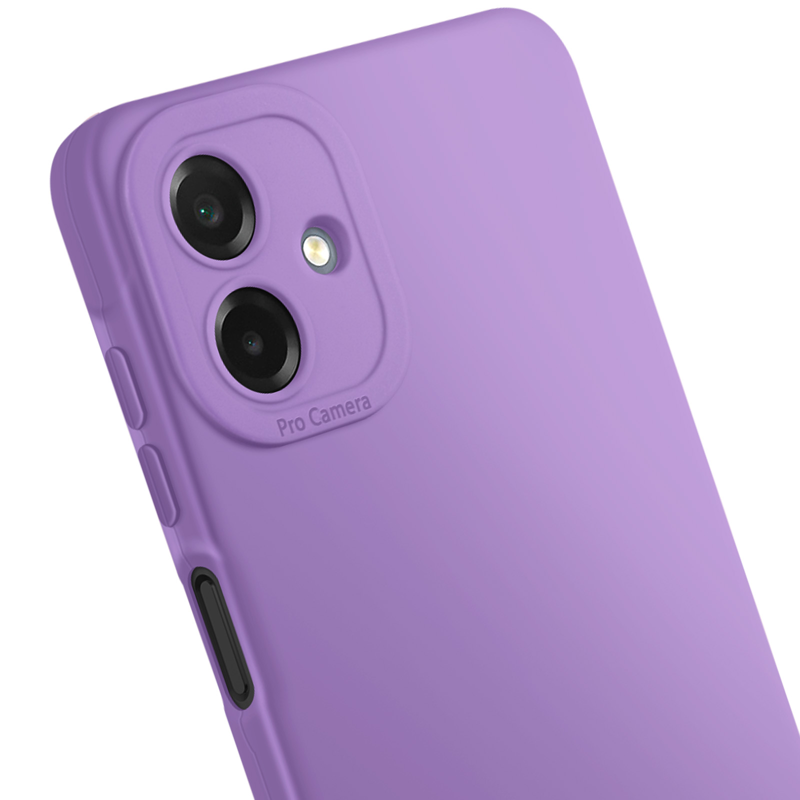 Gros plan sur une coque de téléphone violette avec deux objectifs et un flash. La coque est inclinée sur fond blanc.