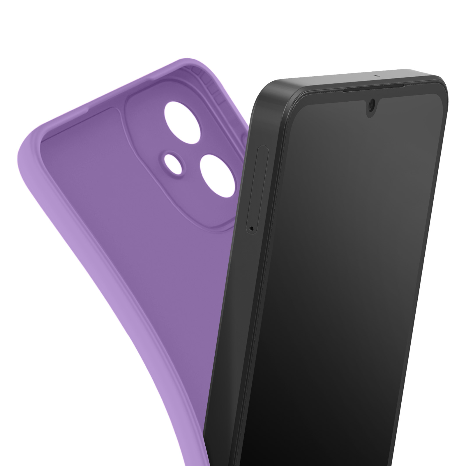 Un smartphone noir avec une coque violette est présenté sur fond blanc.