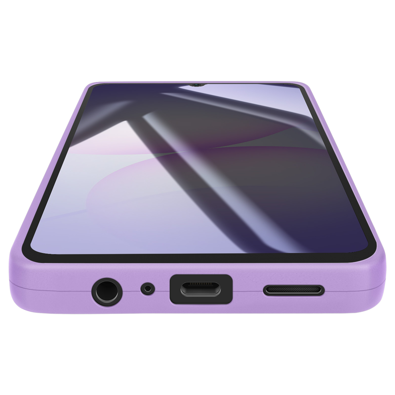 Gros plan sur un téléphone lavande. L'écran affiche des reflets. Le bas montre des ports pour le chargement et l'audio.