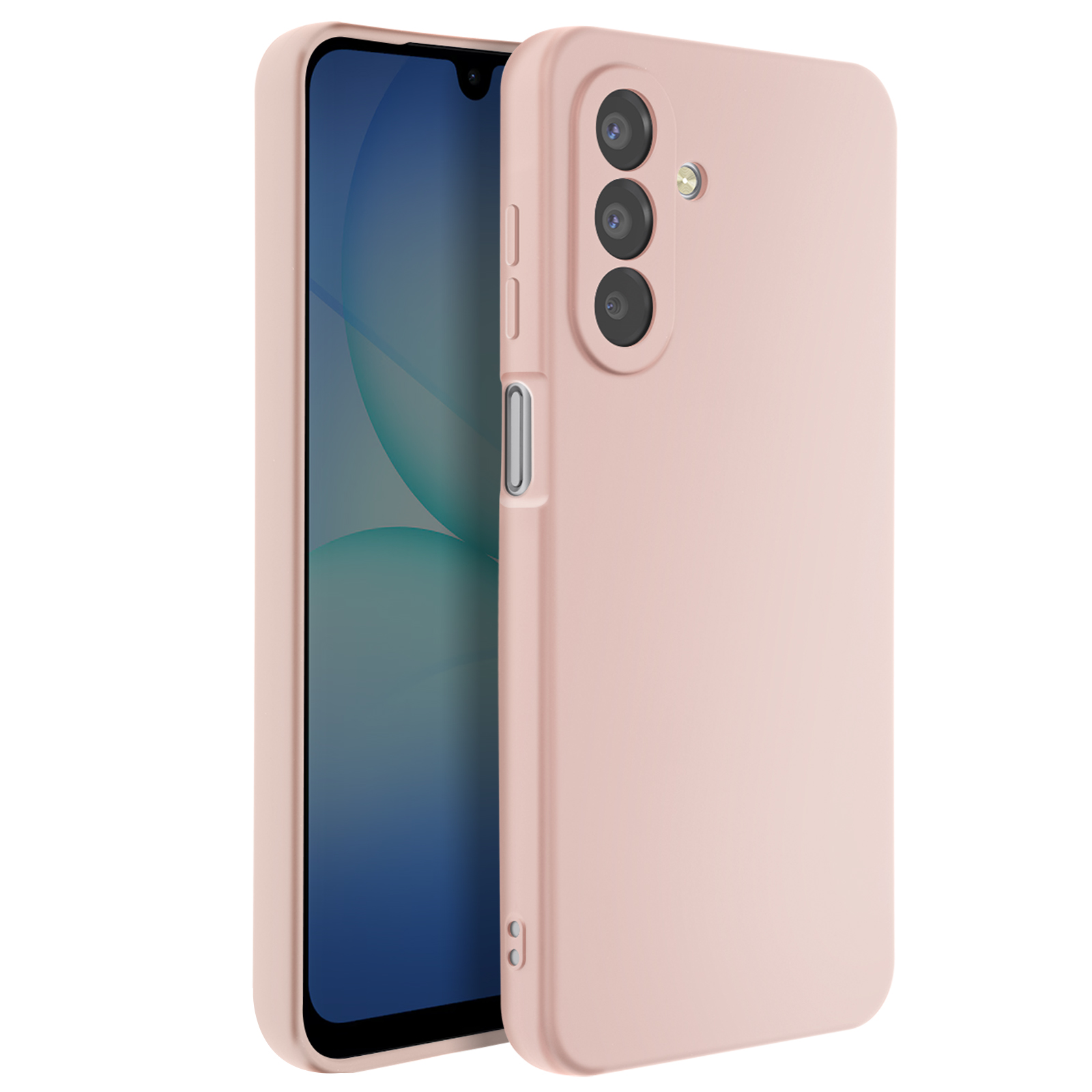 Een roze telefoonhoesje met een telefoon erin. De telefoon heeft een scherm en drie camera's.