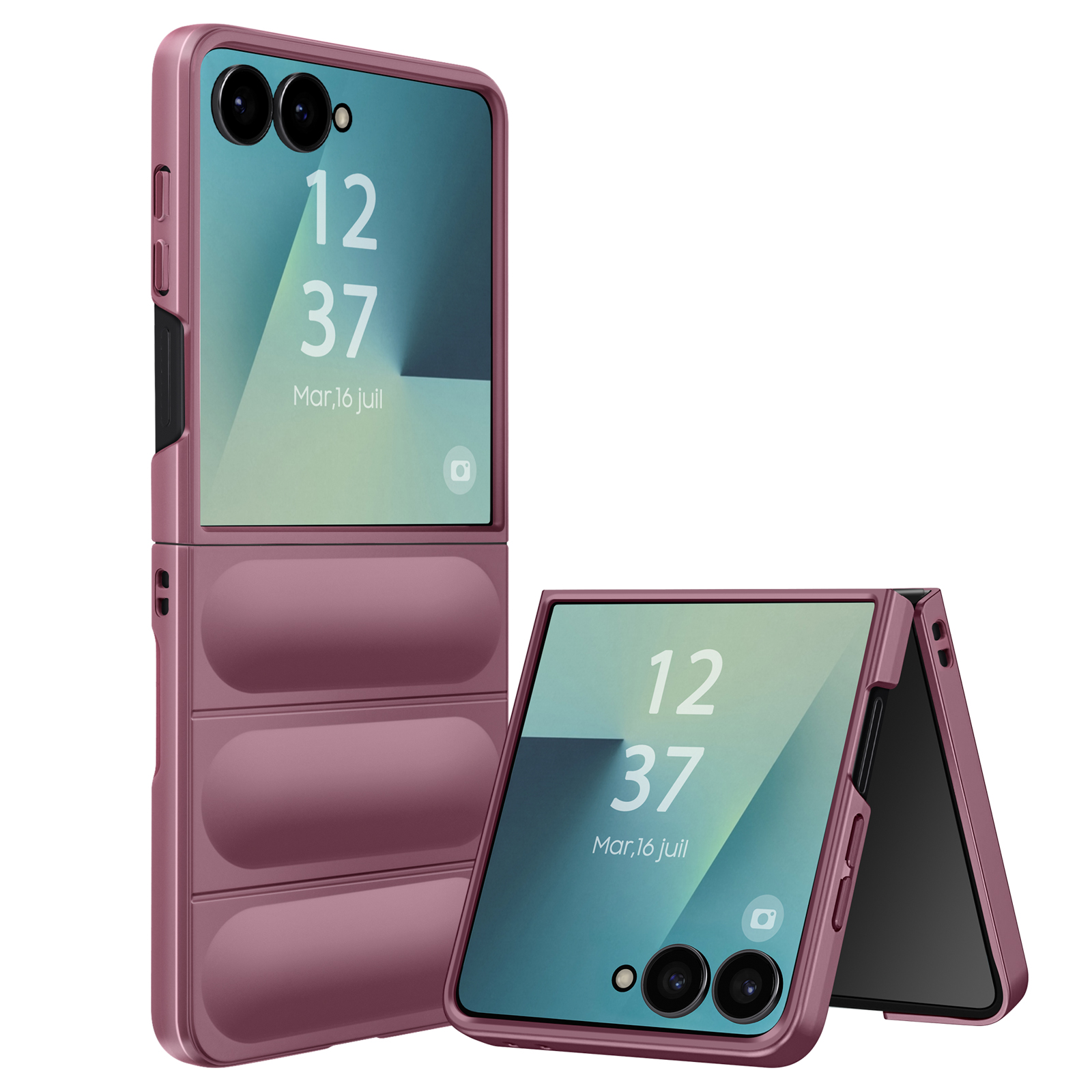 Twee open klaptelefoons met roze hoesjes. De schermen tonen tijd en datum. De achtergrond is wit.
