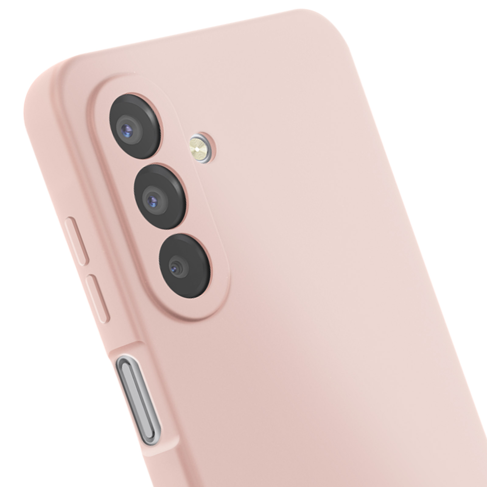 Close-up van een roze telefoon. Drie cameralenzen en een flitser zijn zichtbaar. De telefoon staat schuin.