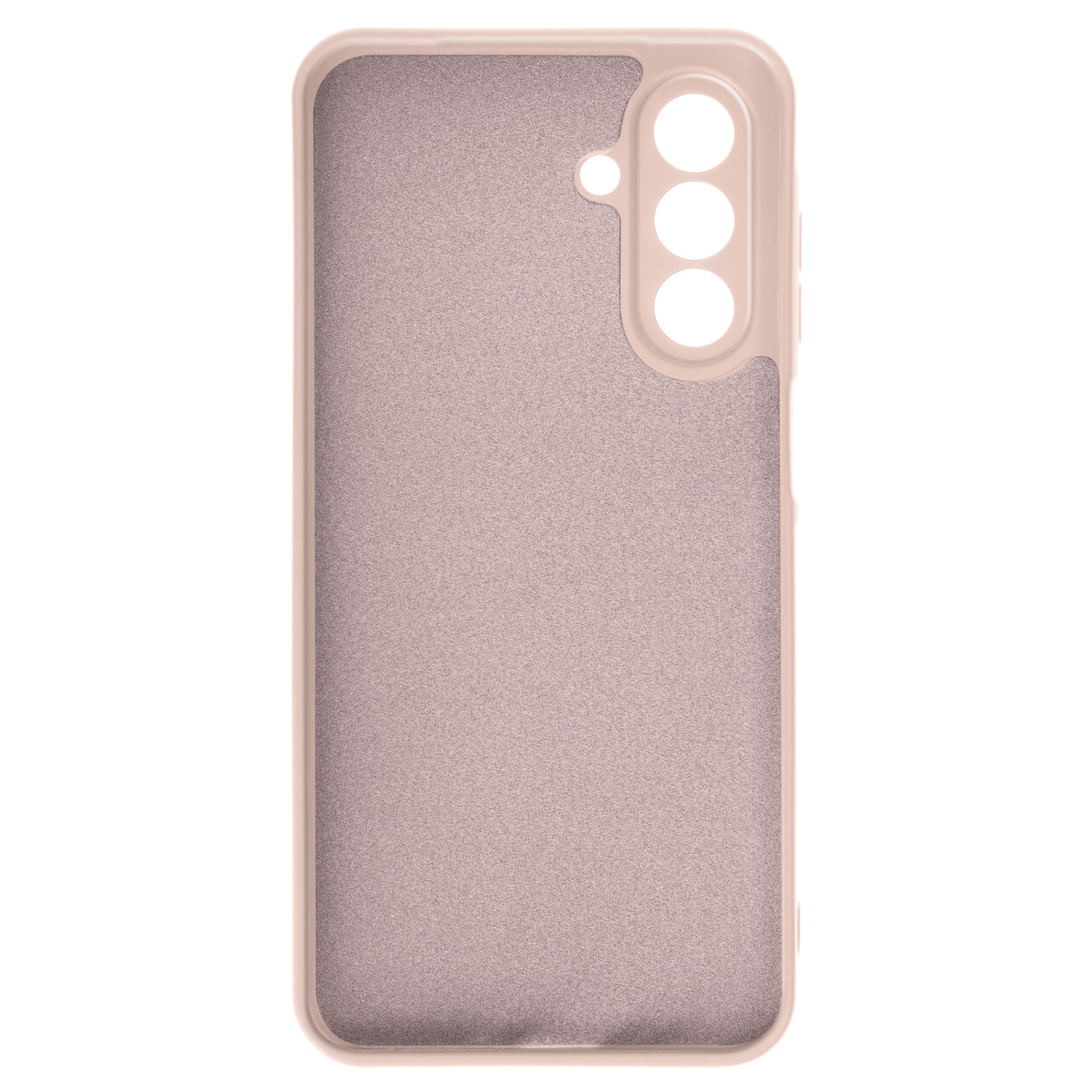 Een telefoonhoesje, lichtroze van kleur. De hoes heeft openingen voor de camera en knoppen. De achtergrond is wit.