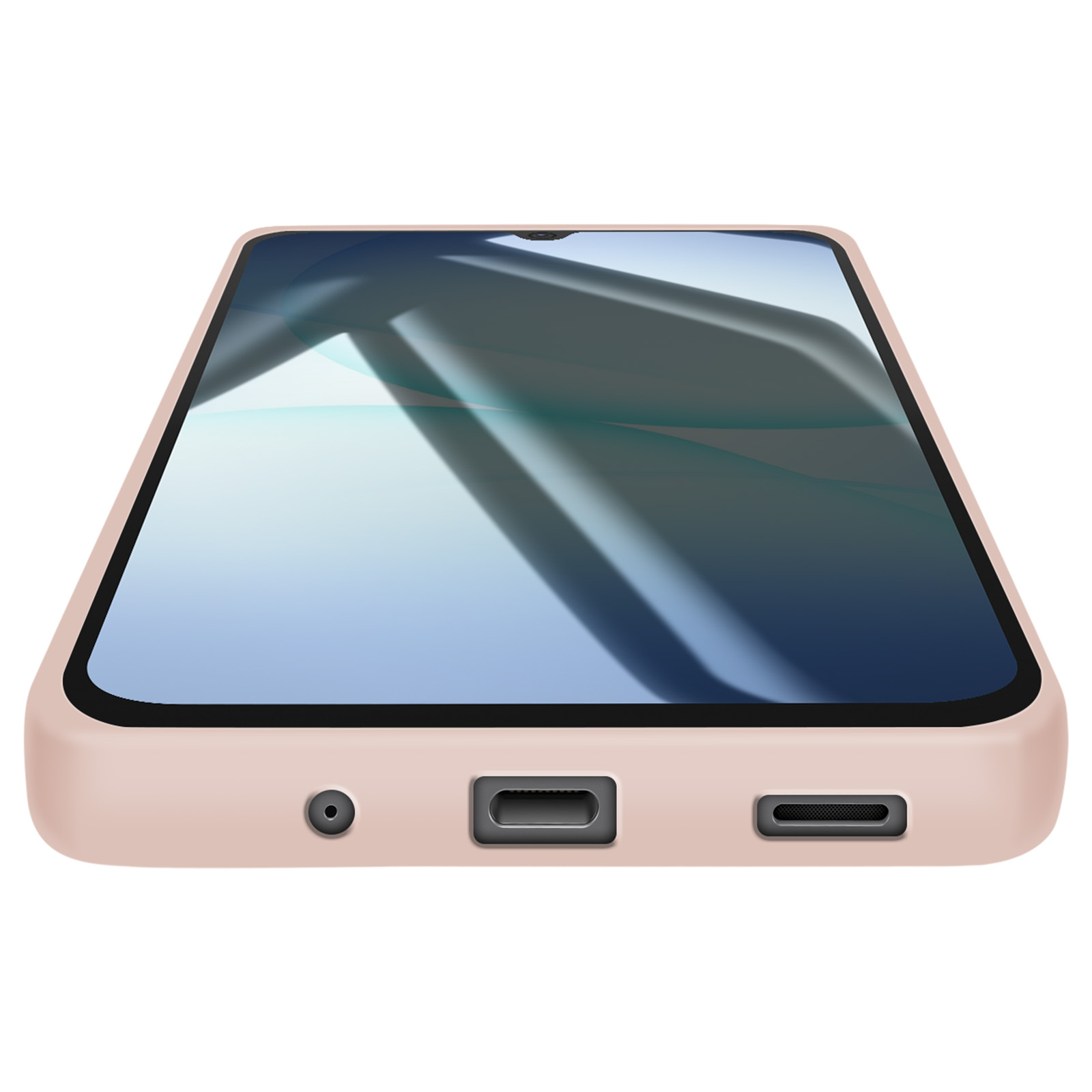 Een smartphone in een lichtroze hoesje. Het scherm toont een vage reflectie. Poorten zijn zichtbaar aan de onderkant.