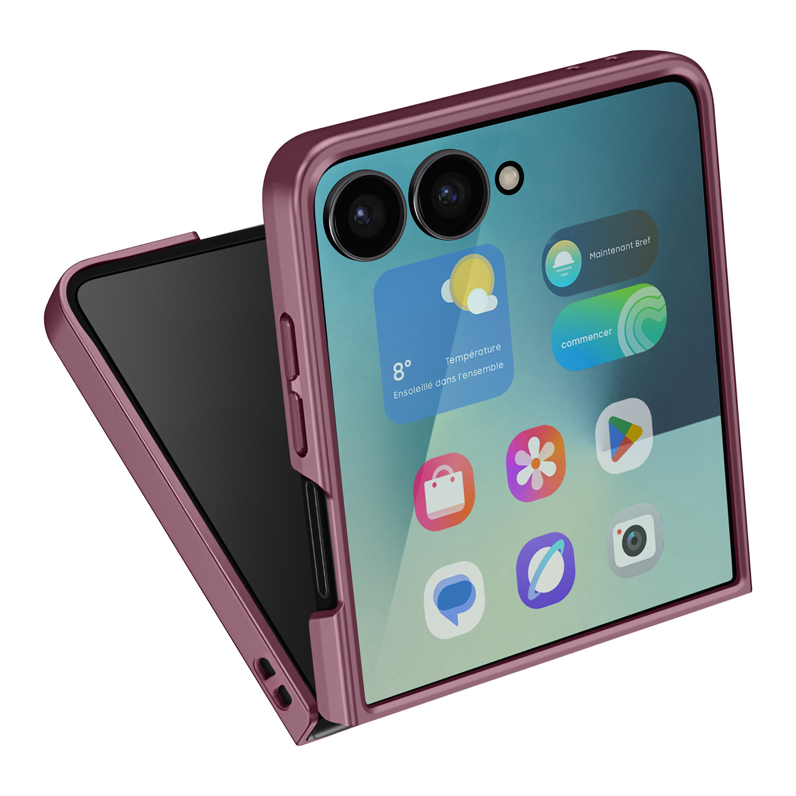 Een moderne smartphone, open, met een apps-scherm met iconen. De telefoon heeft een bordeauxrode hoes.
