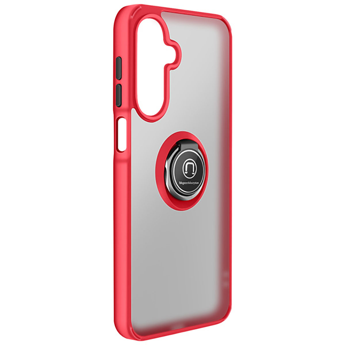 Une coque de téléphone rouge avec un dos transparent et un support d'anneau. La coque a des caches boutons. L'anneau a un logo.