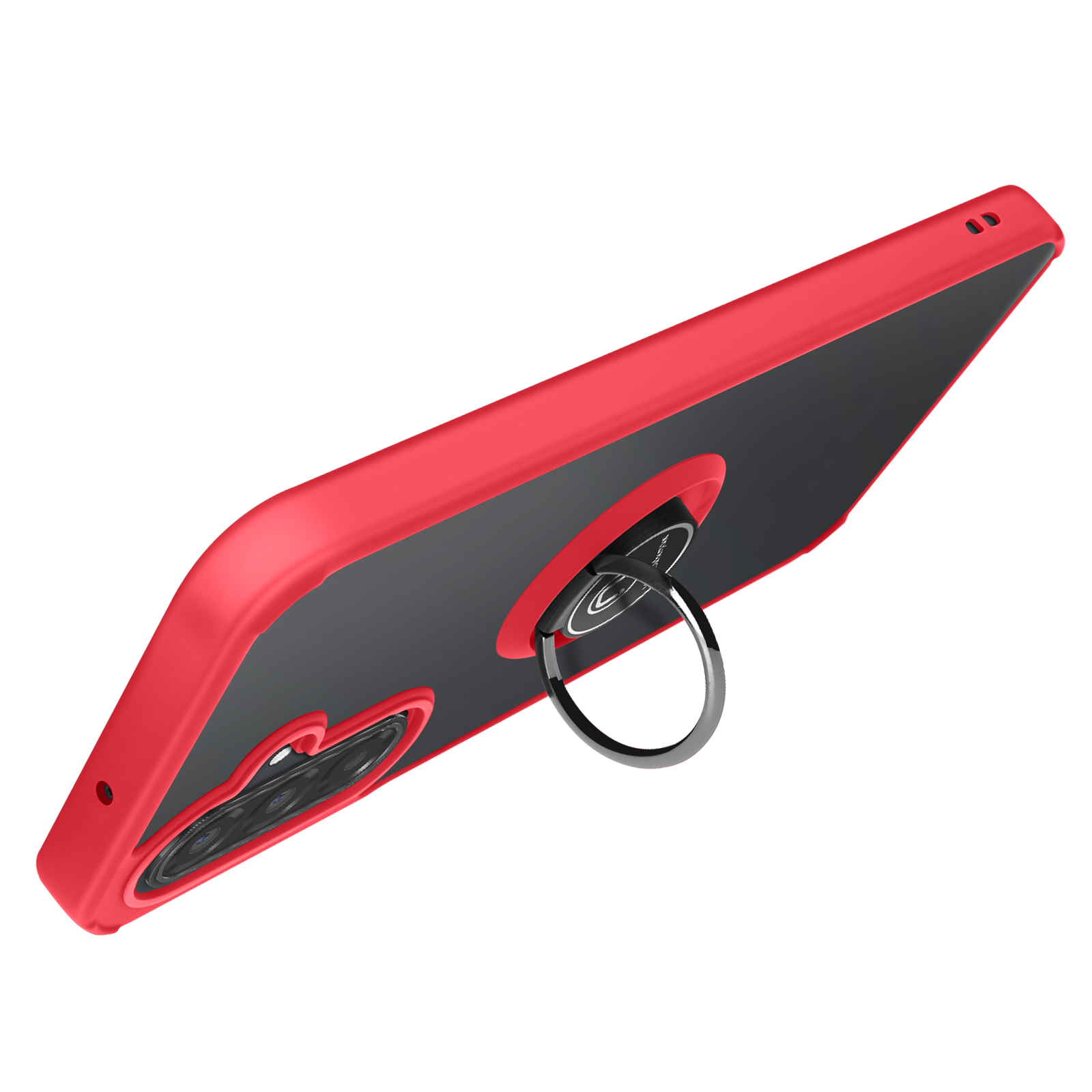 Coque de téléphone rouge et noire avec anneau de maintien. La coque est inclinée, montrant la caméra et l'anneau. Fond blanc.