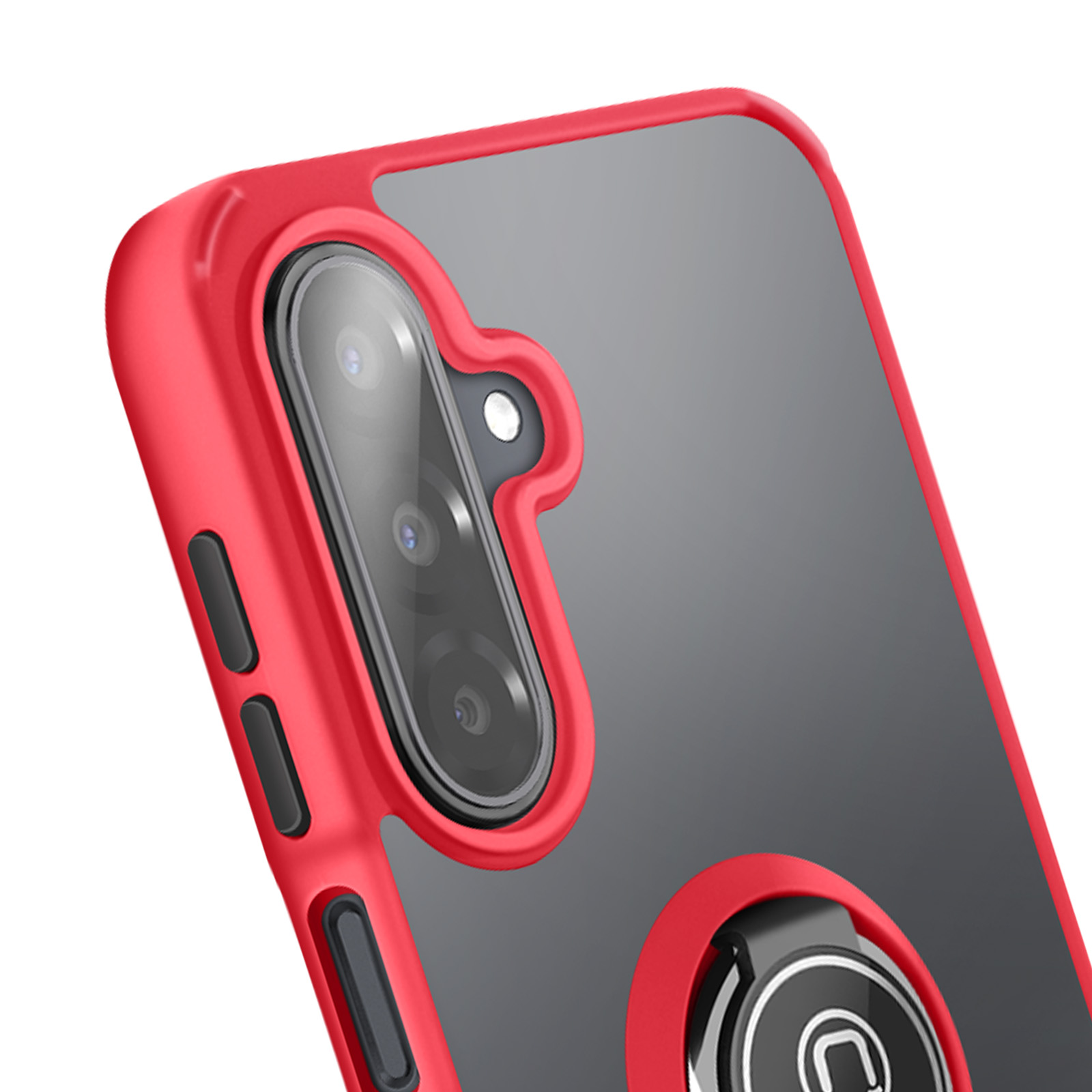 Coque de téléphone rouge avec appareil photo et anneau. Fond gris et détails noirs. Vue en angle.
