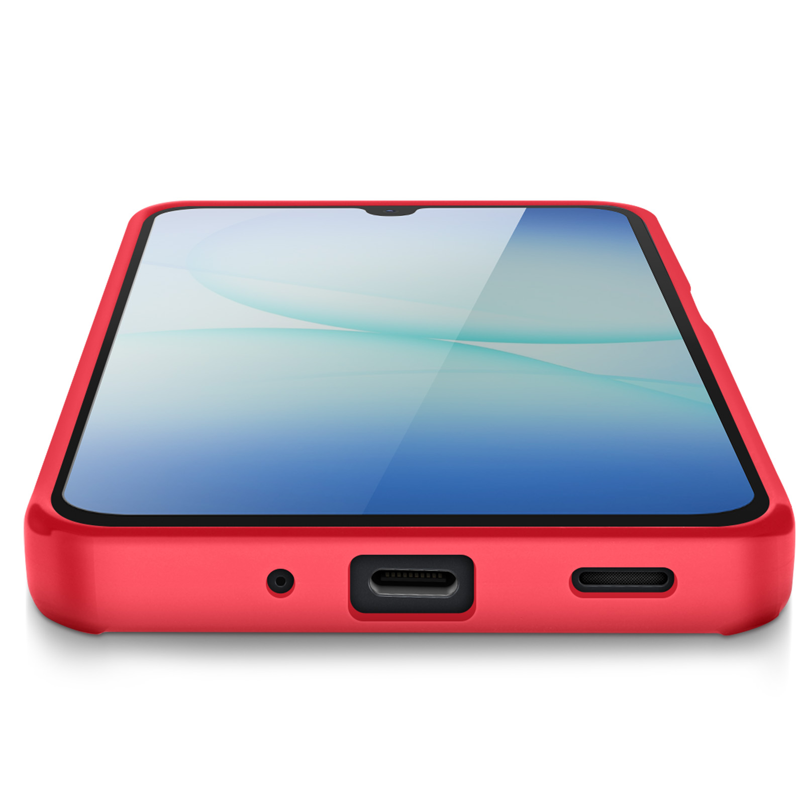 Coque de téléphone rouge avec téléphone. L'écran affiche une image abstraite bleue et blanche.