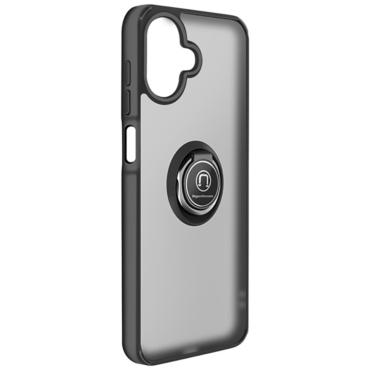 Una custodia per telefono con cornice nera e retro trasparente. Ha un supporto ad anello e fori per pulsanti e fotocamera.