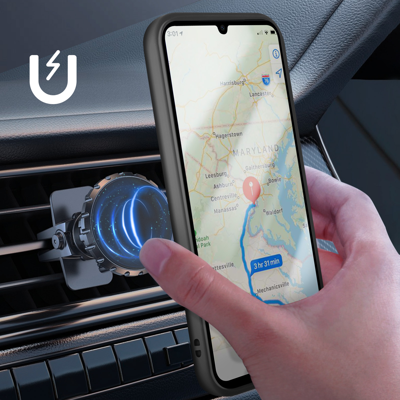 Un telefono con mappa in auto. Una mano tocca lo schermo vicino alla destinazione. Un caricatore è sulla bocchetta dell'aria.