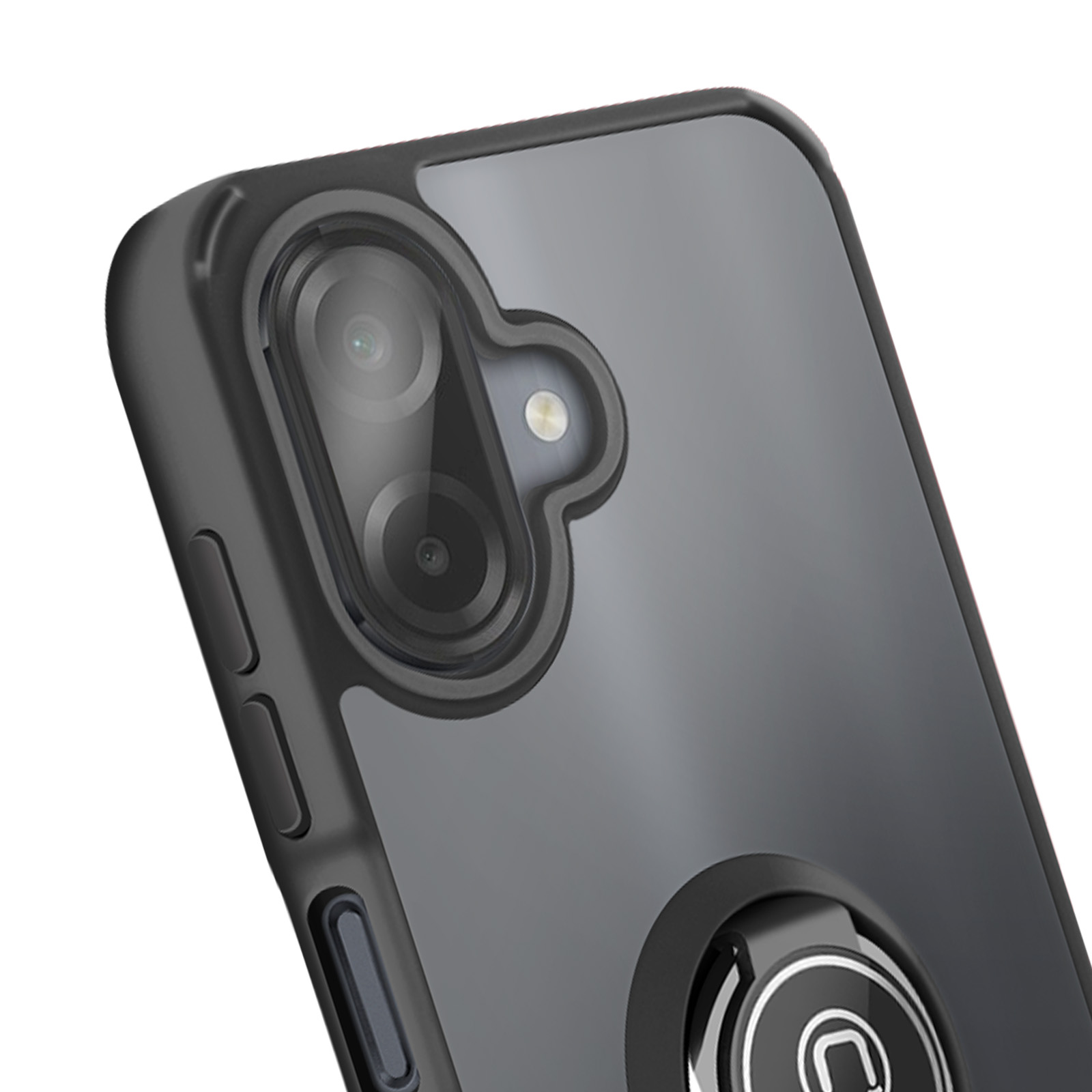 Primo piano di una custodia per telefono nera con lenti della fotocamera e un supporto ad anello. La custodia ha un retro grigio.