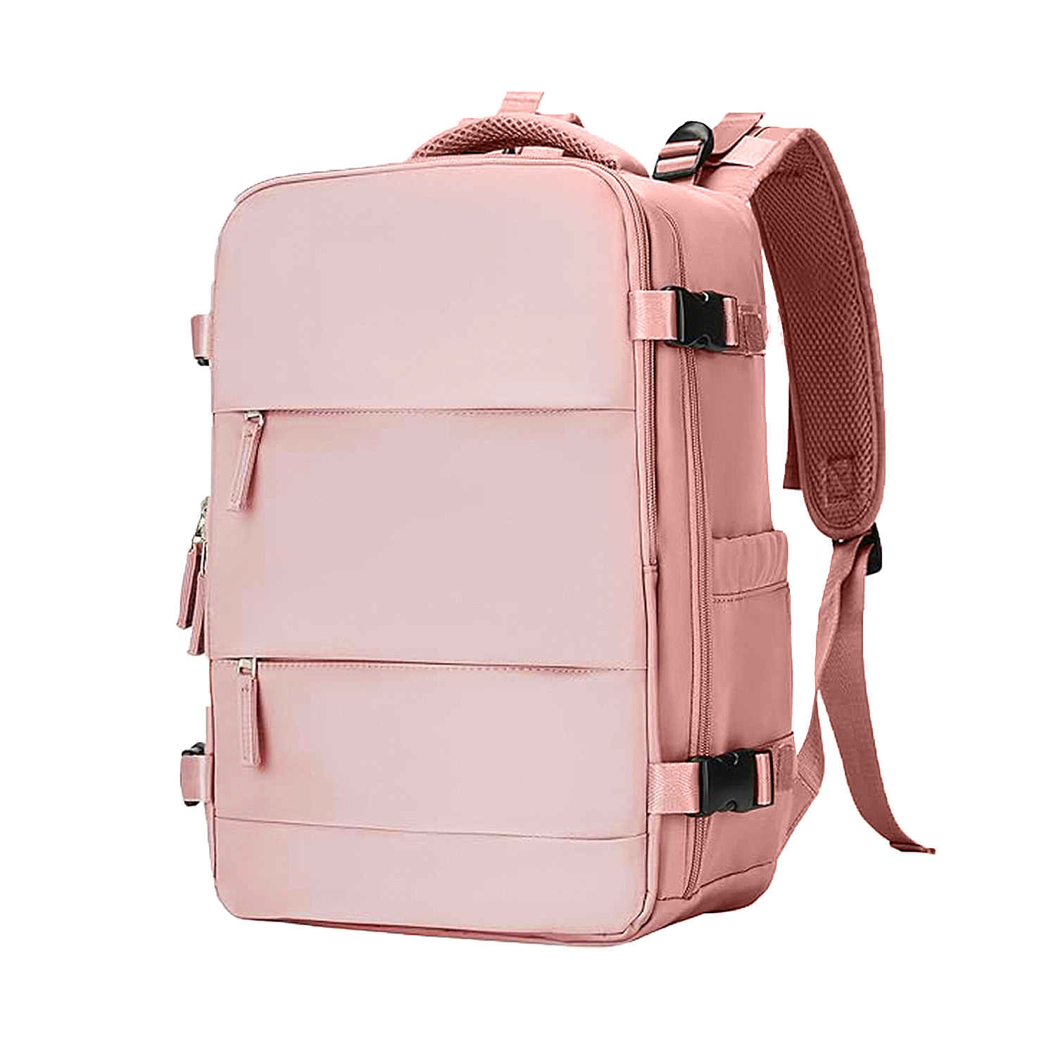 Ein rosa Rucksack mit mehreren Fächern, Reißverschlüssen und schwarzen Schnallen. Er hat gepolsterte Schultergurte und einen Griff oben.