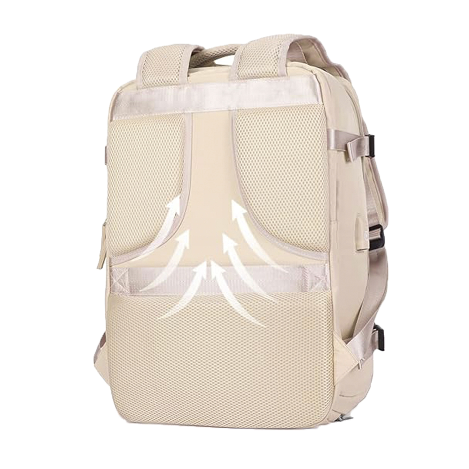 Ein beigefarbener Rucksack mit Mesh-Belüftung auf der Rückseite. Weiße Pfeile zeigen den Luftstrom an. Gurte und Griff sind sichtbar, was auf ein funktionelles Design hindeutet.