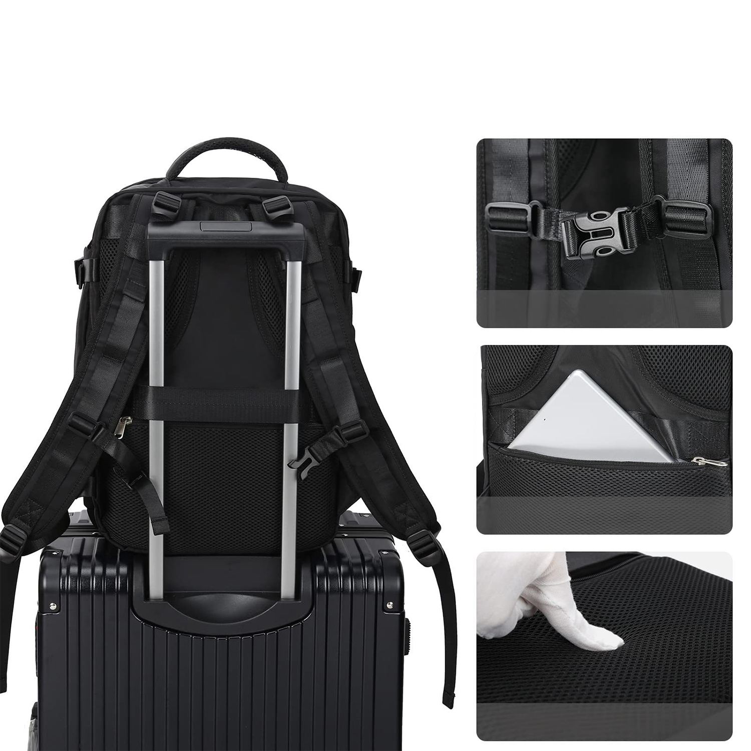Schwarzer Rucksack auf einem schwarzen Koffer. Details zeigen Riemen, Schnallen, ein Tablet und eine Hand auf dem Mesh.
