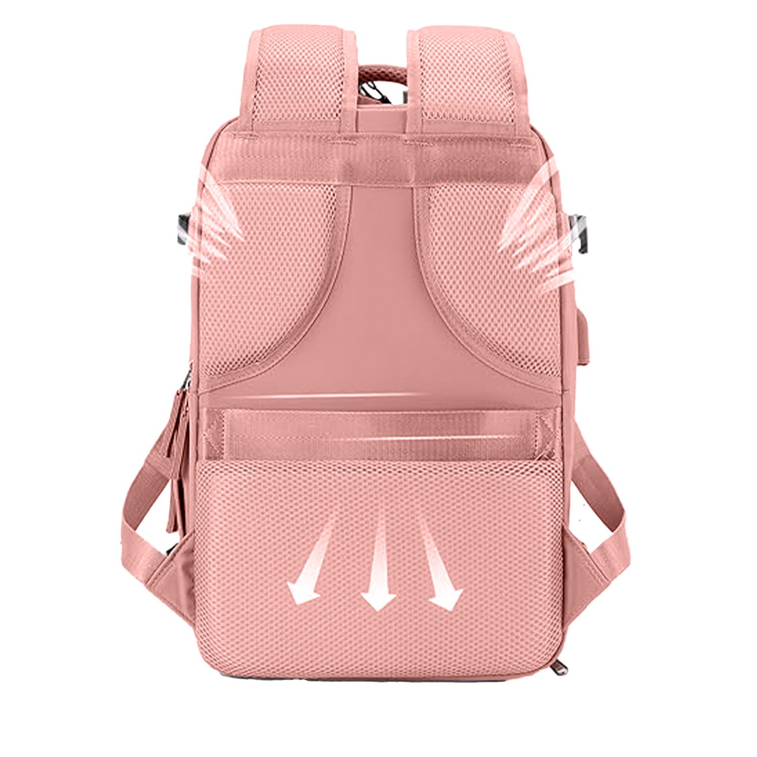 Rosa Rucksack mit Netztaschen und Riemen. Weiße Pfeile zeigen den Luftstrom an. Das Design deutet auf Atmungsaktivität und Komfort hin.