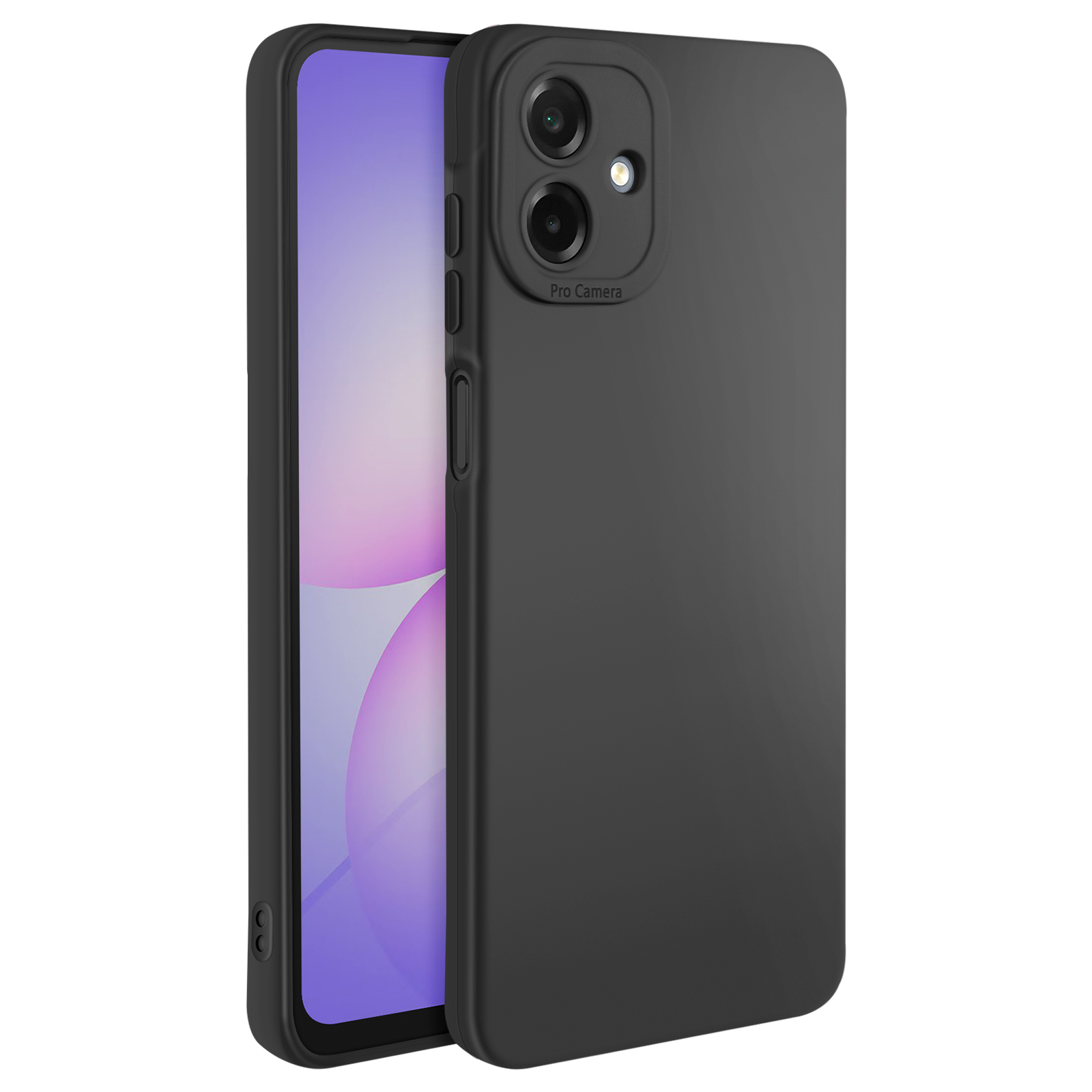 Uno smartphone nero in una custodia nera. Lo schermo mostra un motivo viola e bianco. Il testo Pro Camera è visibile.
