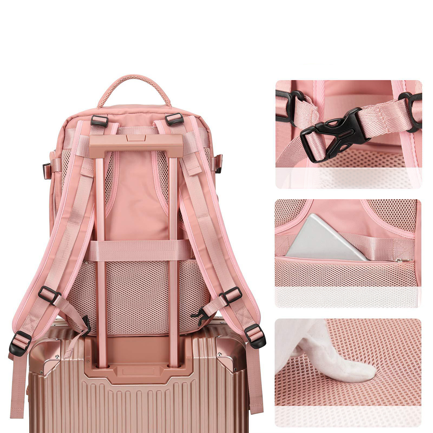 Rosa Rucksack auf einem roségoldenen Koffer. Detailaufnahmen zeigen Riemen, Schnallen und eine Hundepfote auf Mesh. Tablet in der Tasche.