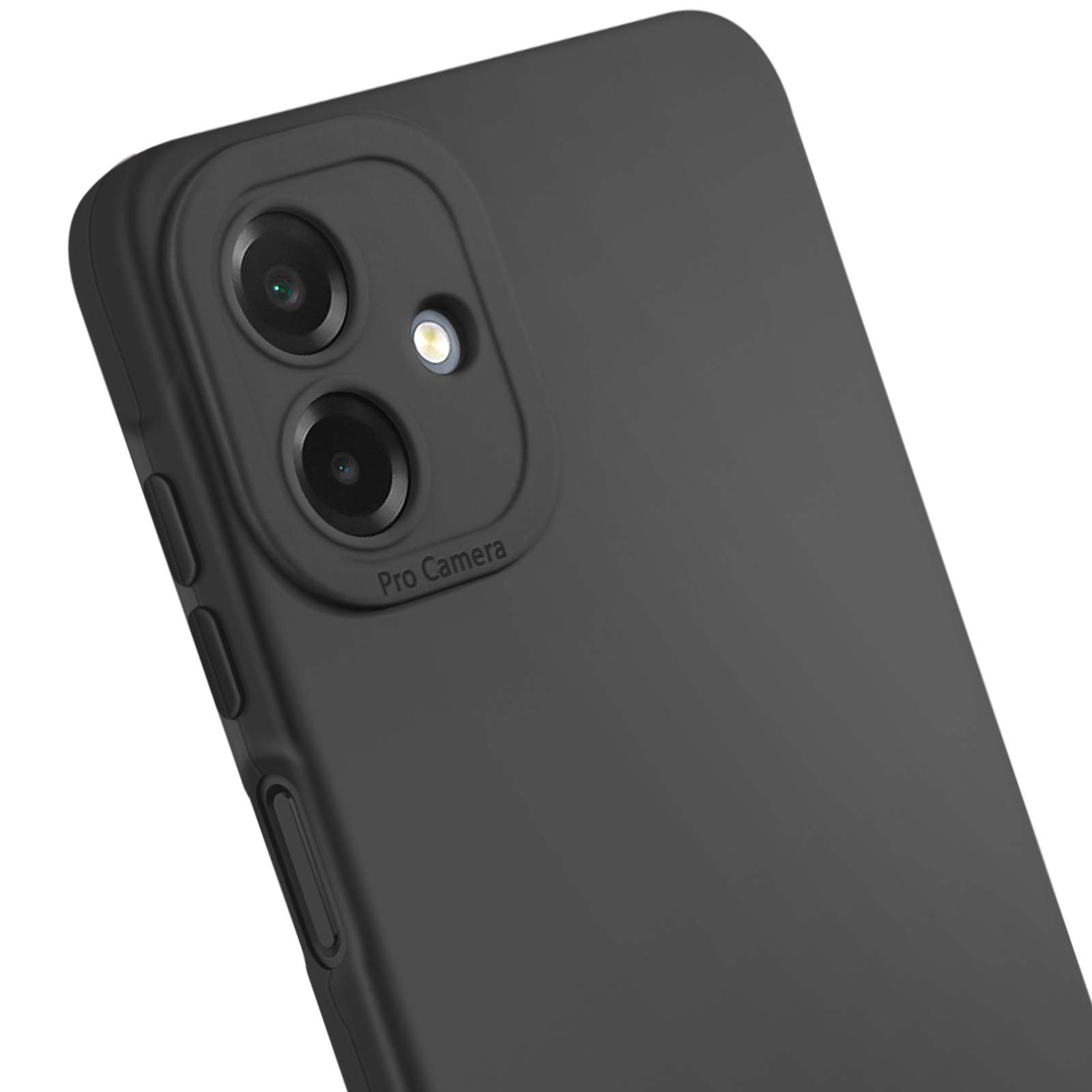Custodia nera per telefono con rialzo fotocamera, due lenti e flash. Testo 'Pro Camera' visibile.