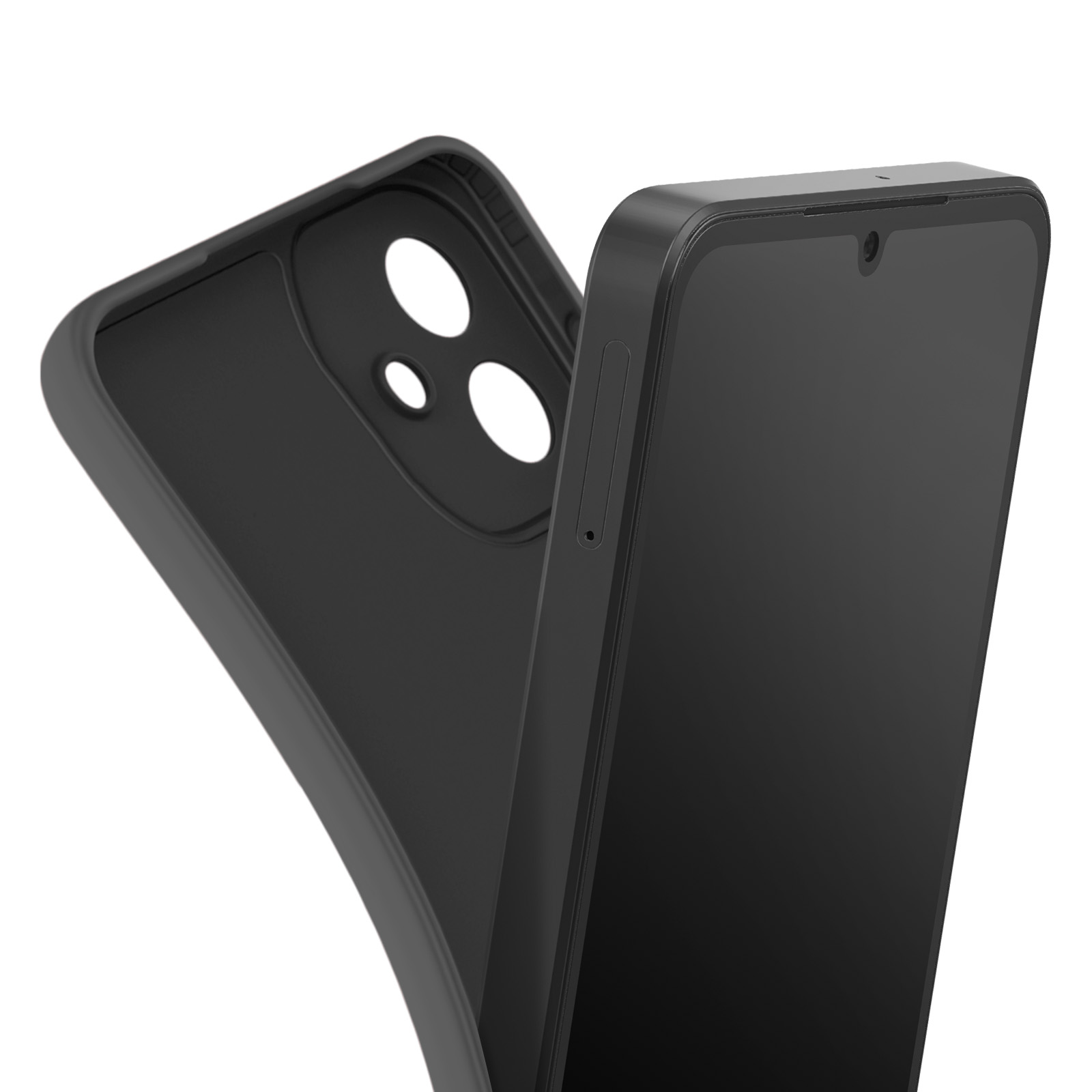Un telefono nero e una custodia abbinata. La custodia è aperta, rivelando lo schermo del telefono.