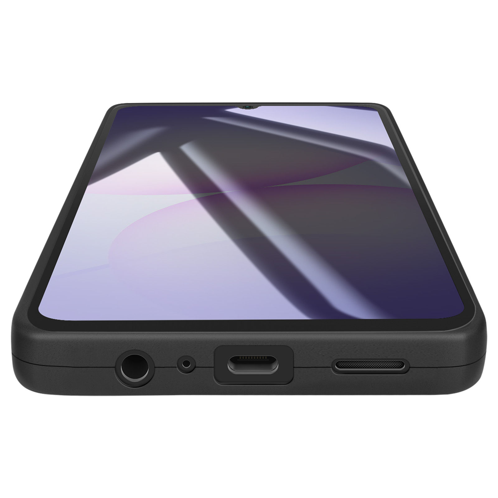 Uno smartphone nero, vista angolata. Lo schermo mostra una sfumatura viola chiaro. Porte e altoparlante in basso.