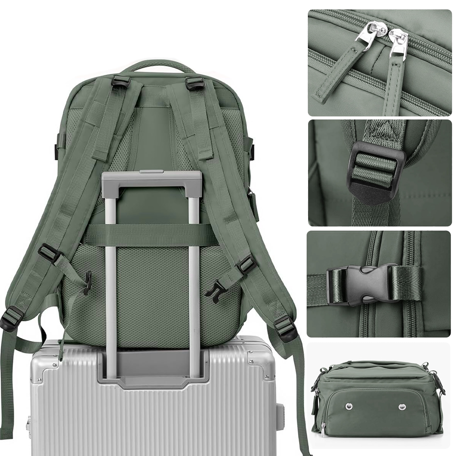 Uno zaino verde è montato su una valigia argentata. I dettagli mostrano cerniere, cinghie e una piccola borsa abbinata.