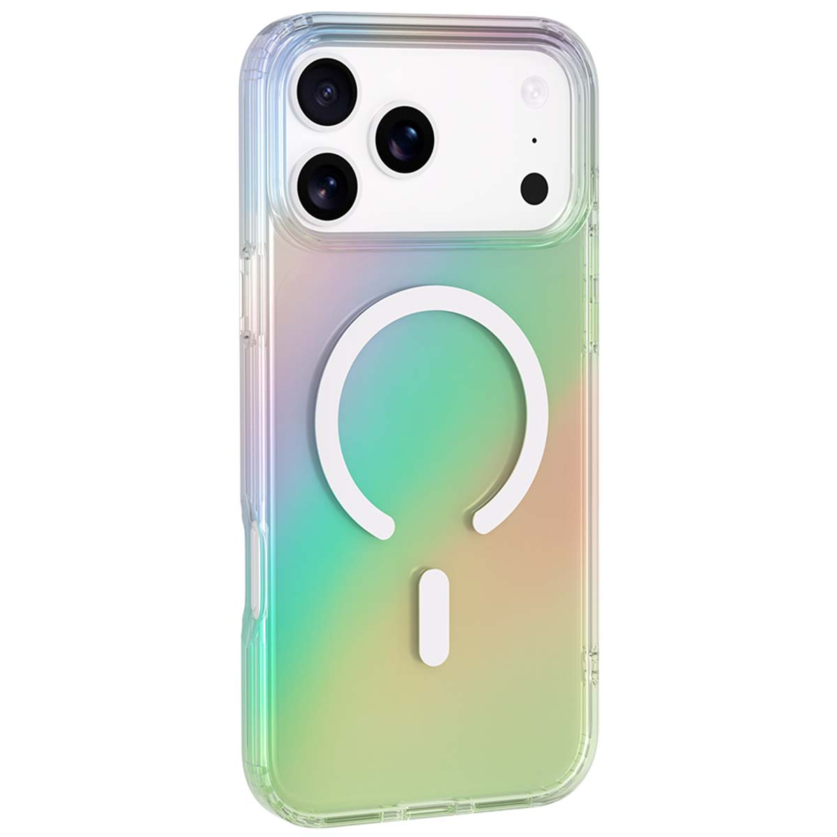 Custodia trasparente per telefono con sfumatura arcobaleno. Ha un anello MagSafe bianco e un'area fotocamera con tre lenti nere.