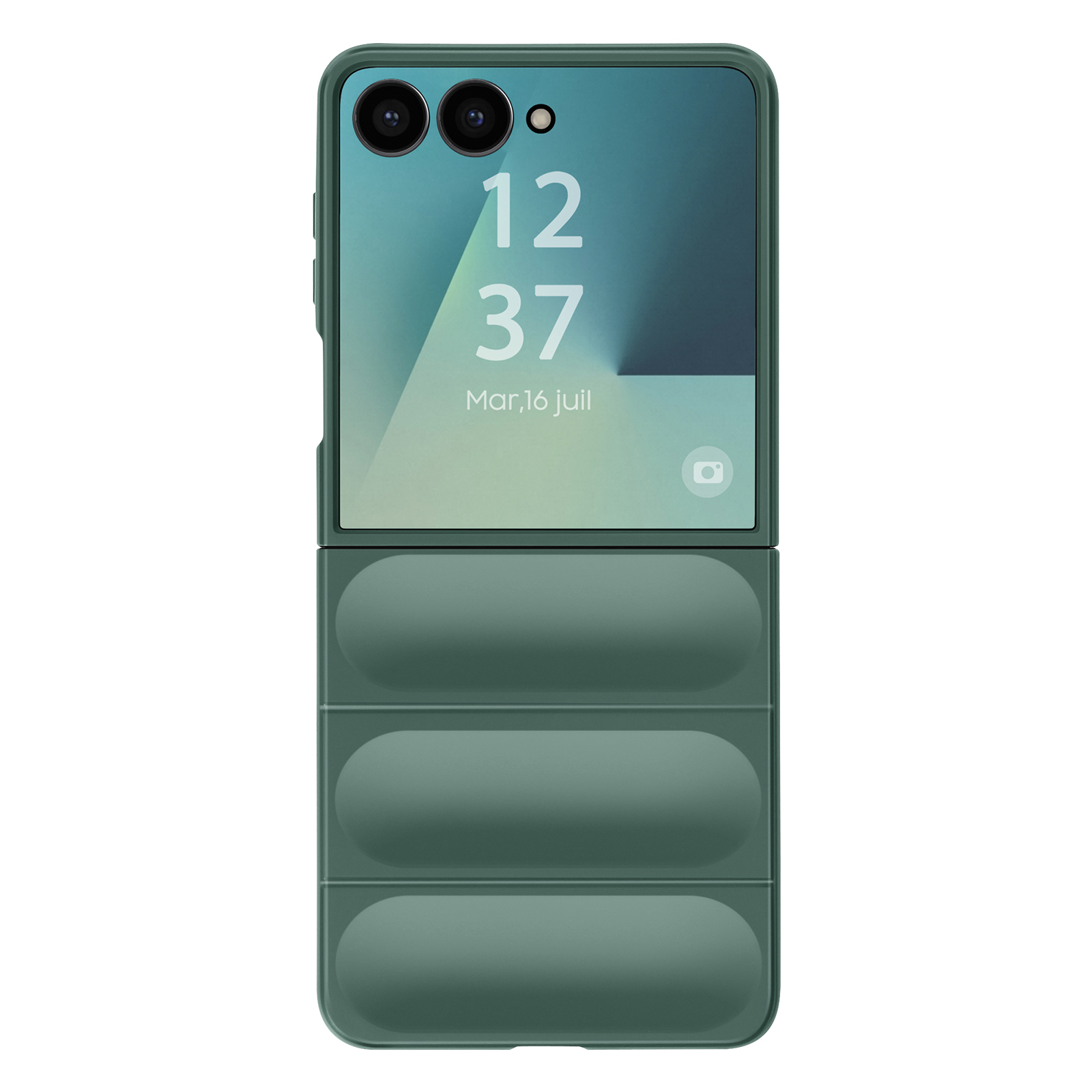Un telefono verde a conchiglia mostra l'ora 12:37, 16 marzo. Ha una sezione inferiore arrotondata e strutturata.