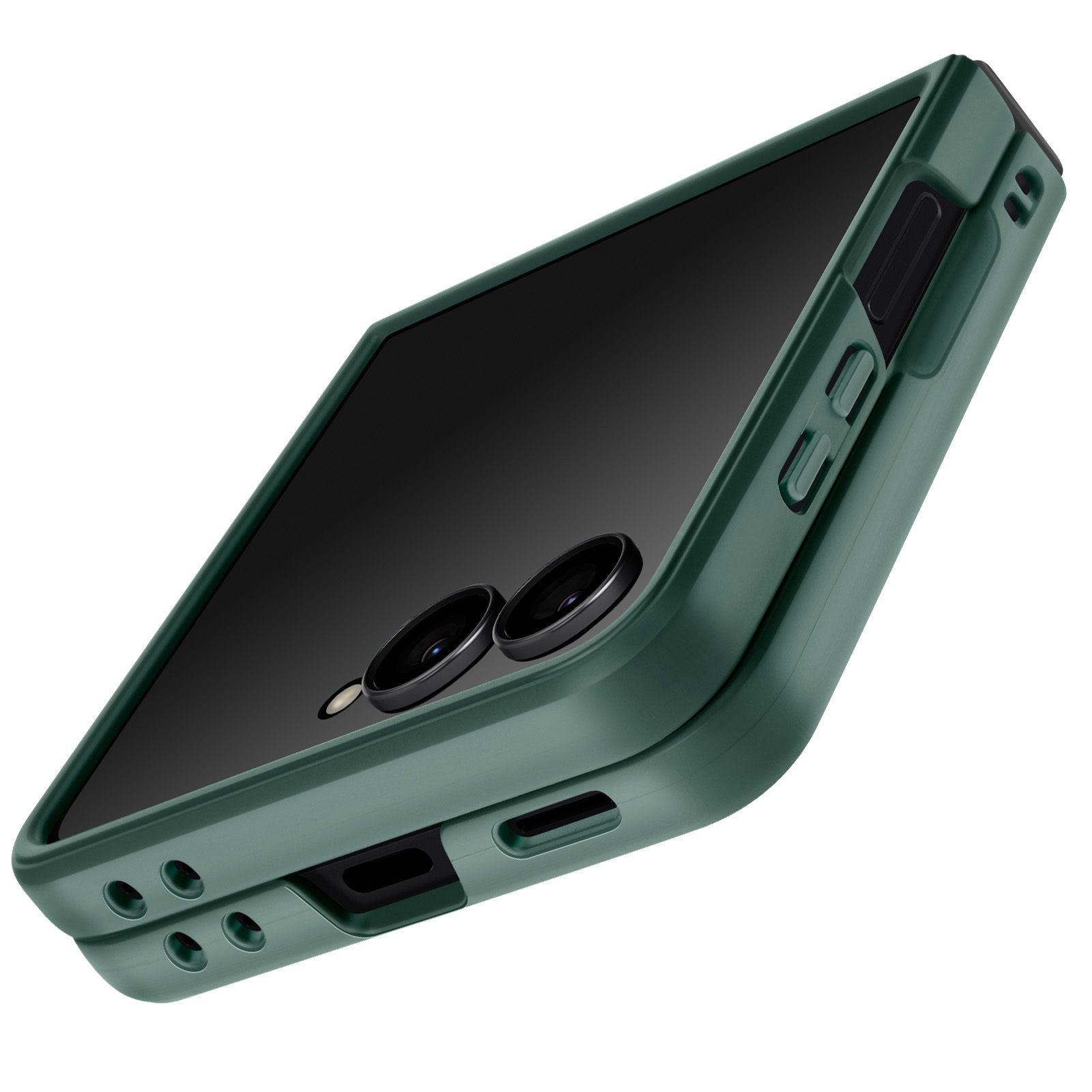Una custodia verde per telefono con schermo nero e due obiettivi inclinata su sfondo bianco.