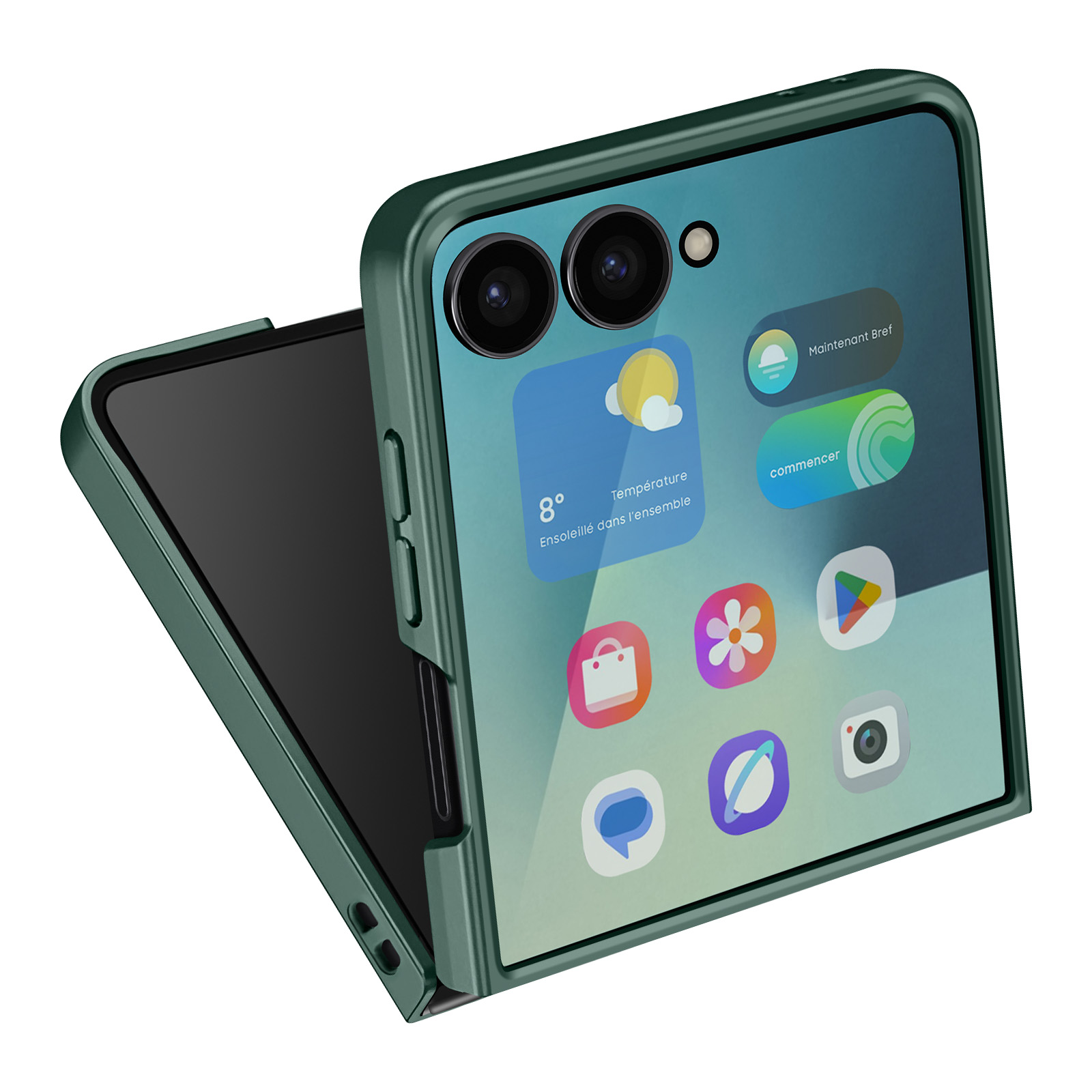Telefono verde con schermo aperto che mostra icone e meteo. Ha doppie fotocamere.