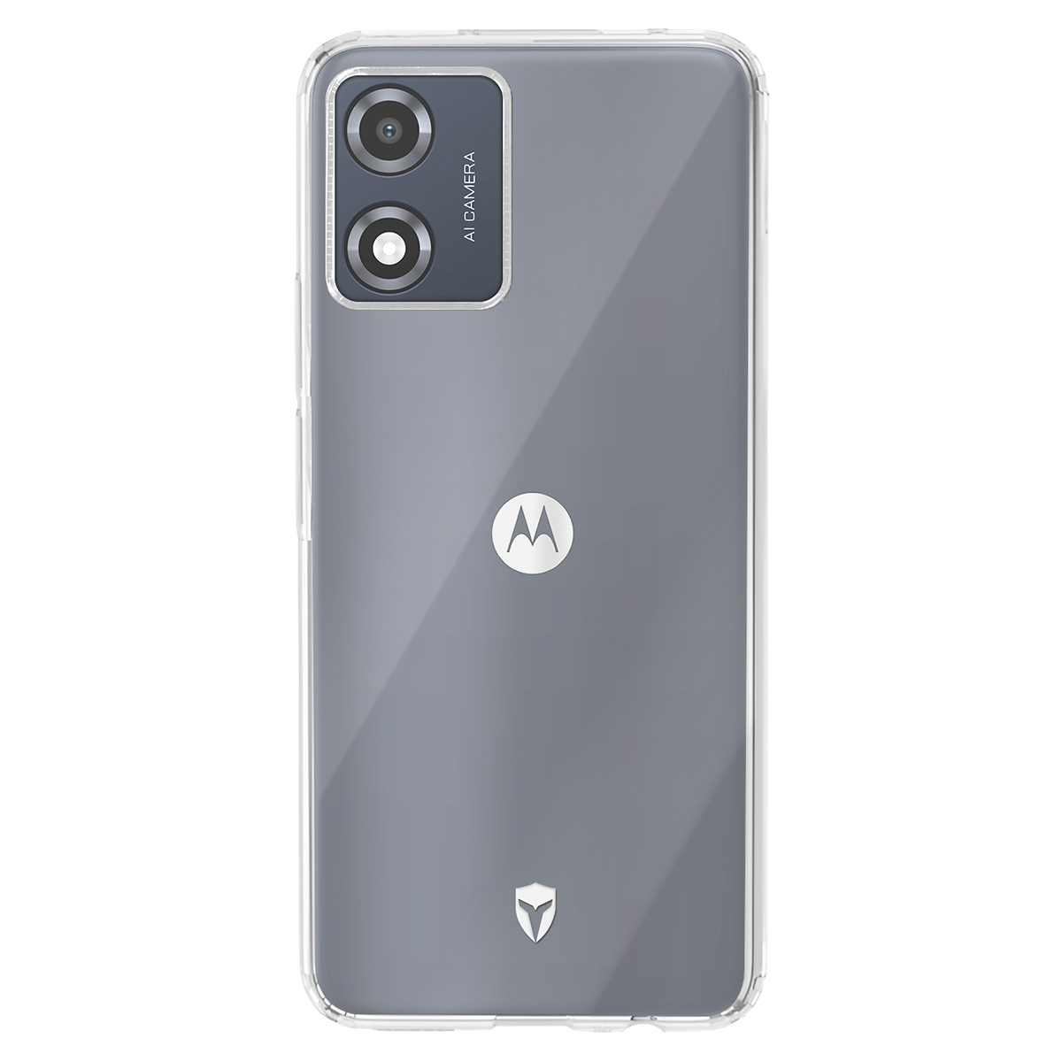 Il retro di un telefono Motorola con custodia trasparente. Caratteristiche: doppie fotocamere, etichetta fotocamera AI, logo Motorola e logo scudo.