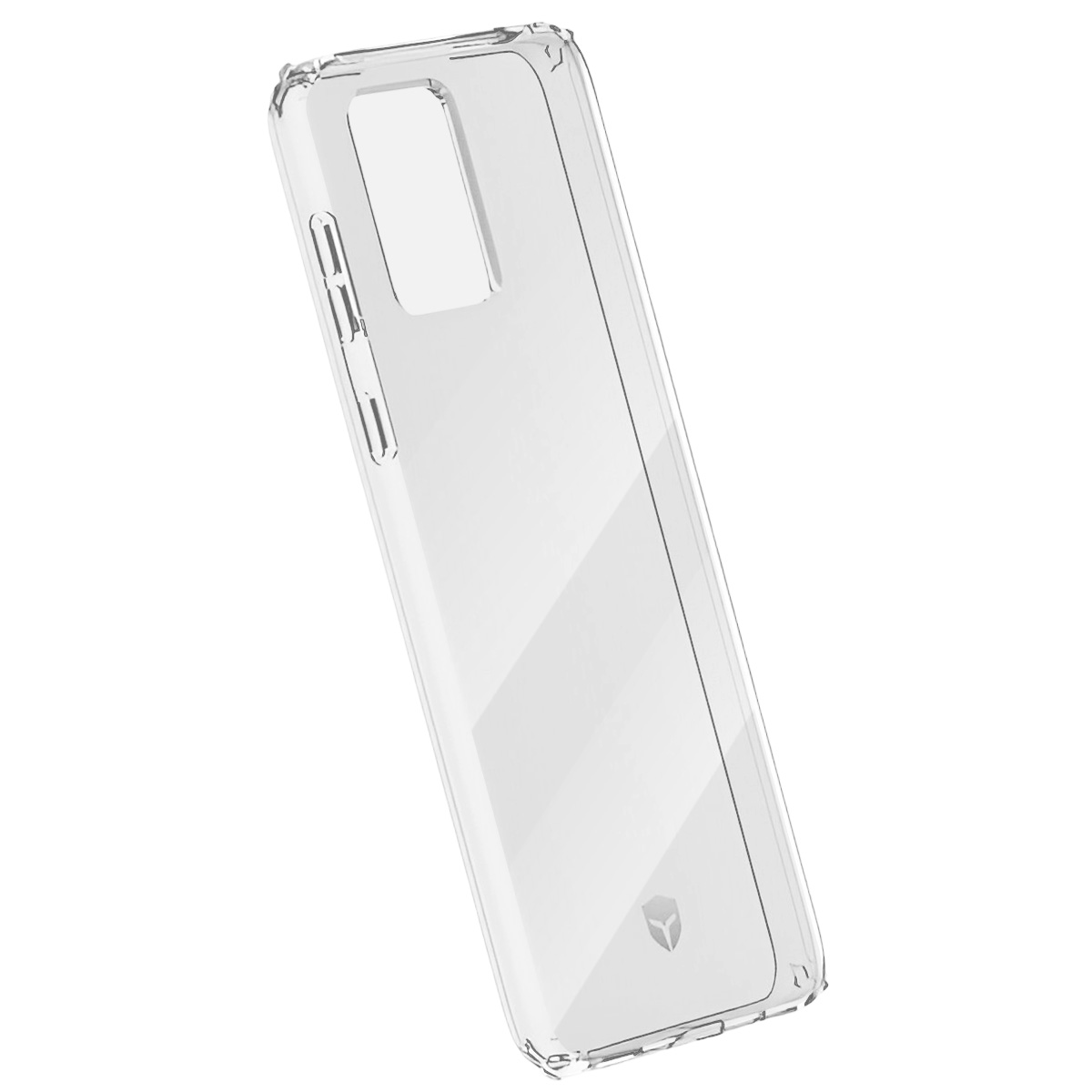 Una custodia trasparente per telefono. Ha aperture per la fotocamera e i pulsanti. La custodia è angolata, mostrando la sua forma e il design.