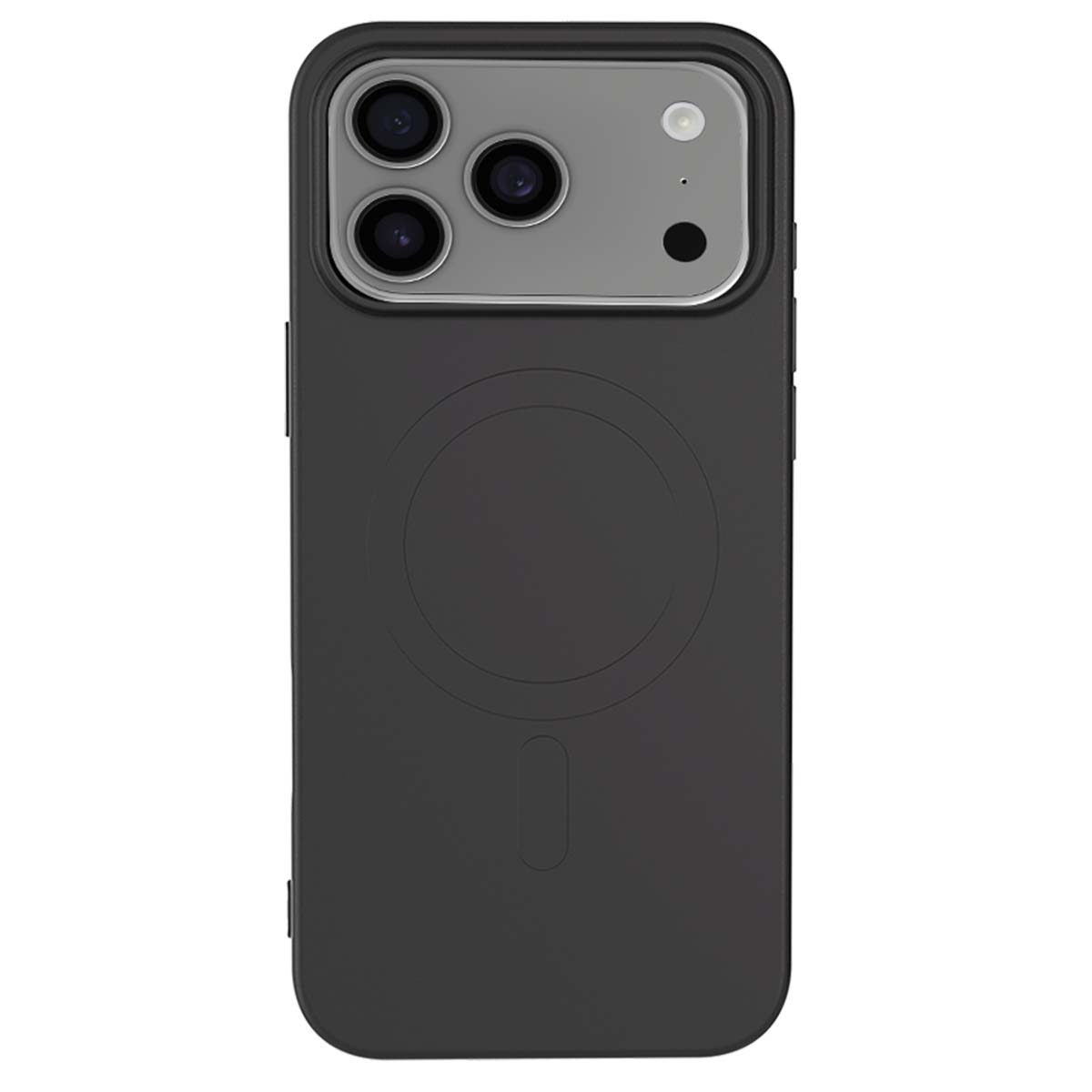 Una custodia nera per telefono con un modulo fotocamera con tre obiettivi e un flash. La custodia ha un design a cerchio magnetico.