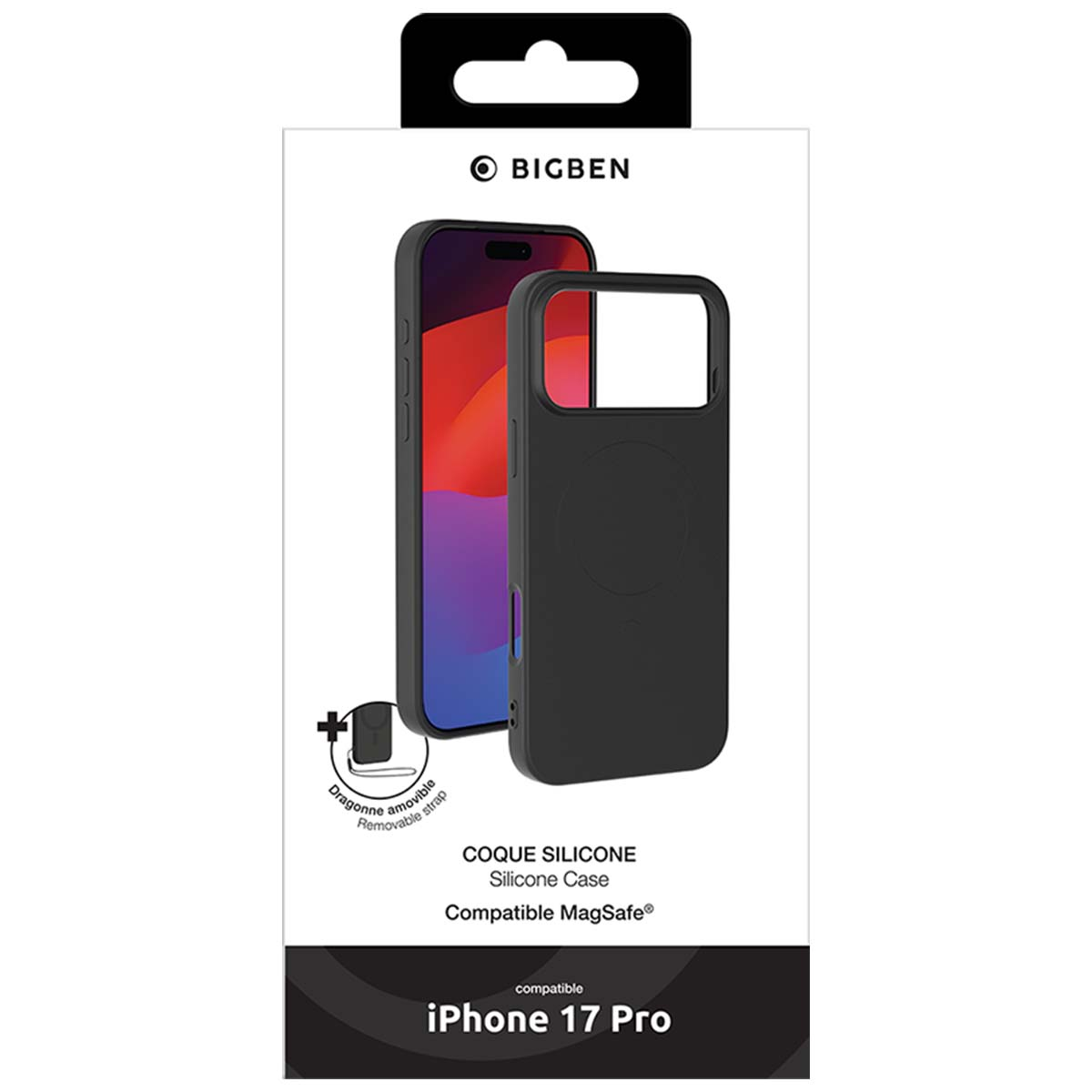 Una scatola di custodia per telefono con telefono e custodia all'interno. È nera e dice 'Custodia in silicone Compatibile MagSafe' e 'iPhone 17 Pro'.
