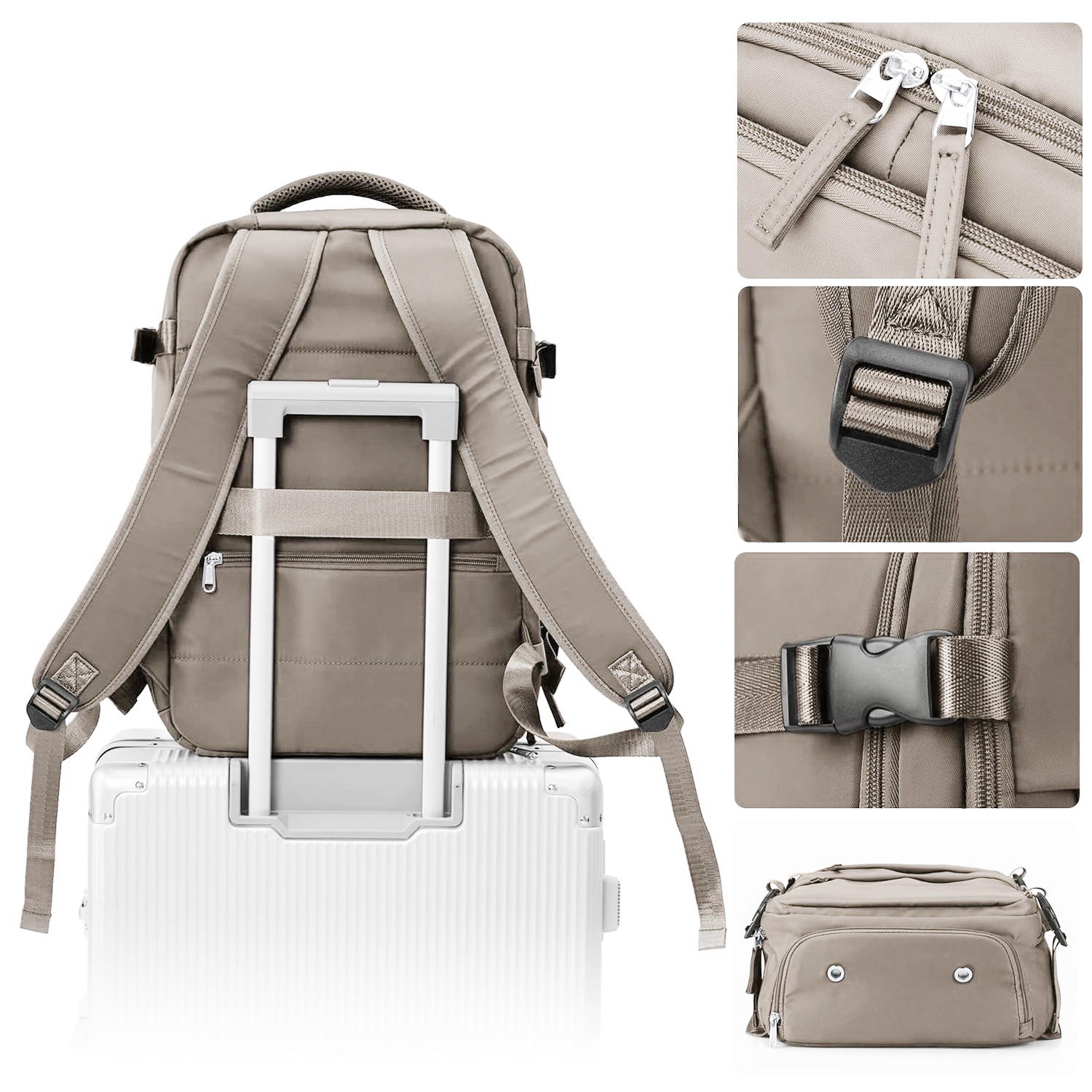 Uno zaino beige sopra una valigia bianca. Dettagli: cerniere, cinghie e fibbie. Viene mostrata una borsa aggiuntiva.
