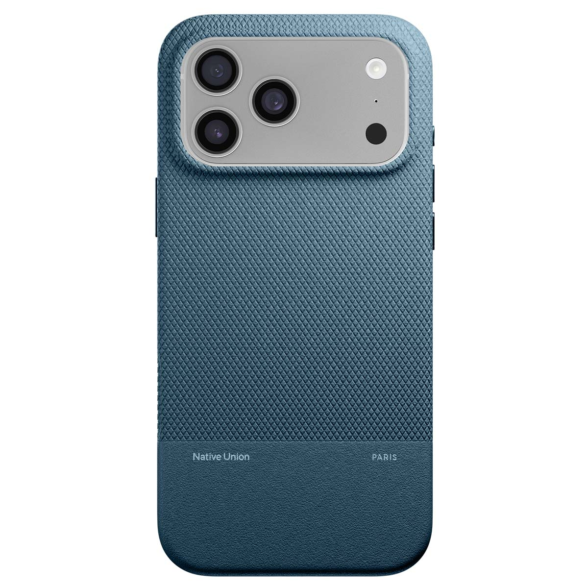 Custodia blu per telefono con più lenti della fotocamera e un flash. La custodia ha una superficie strutturata con le scritte 'Native Union' e 'Paris'.
