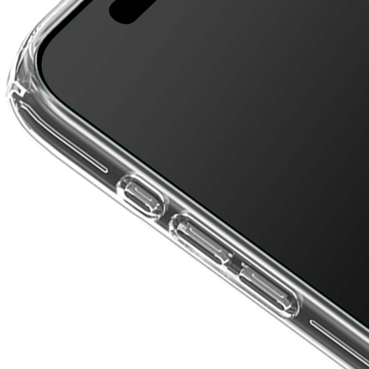 Primo piano di una custodia trasparente per telefono con schermo nero. I pulsanti e i bordi sono visibili, evidenziando il design del telefono.