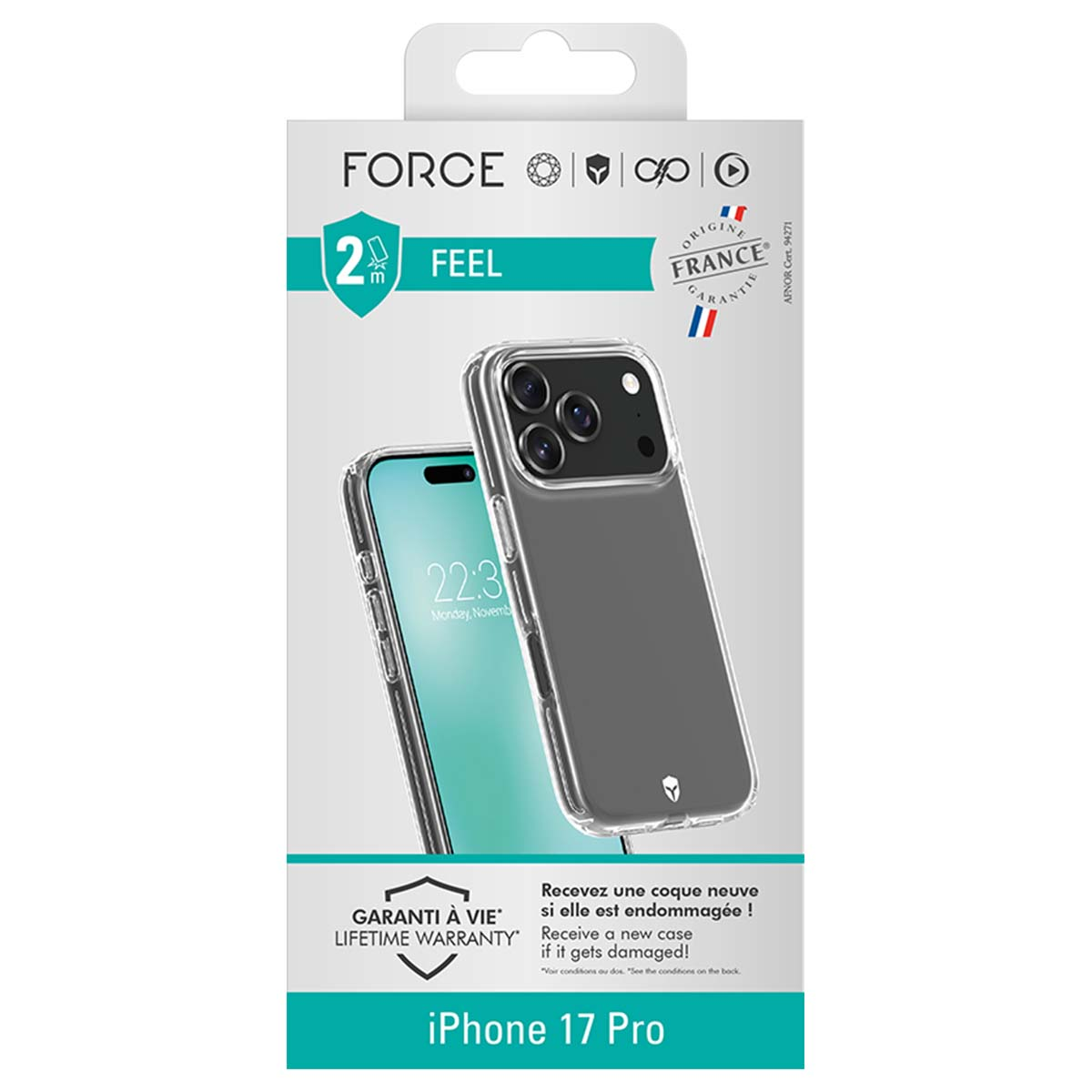Una confezione di custodia per telefono con una custodia per iPhone 17 Pro. La confezione include testi come 'FORCE', 'FEEL' e 'LIFETIME WARRANTY'.